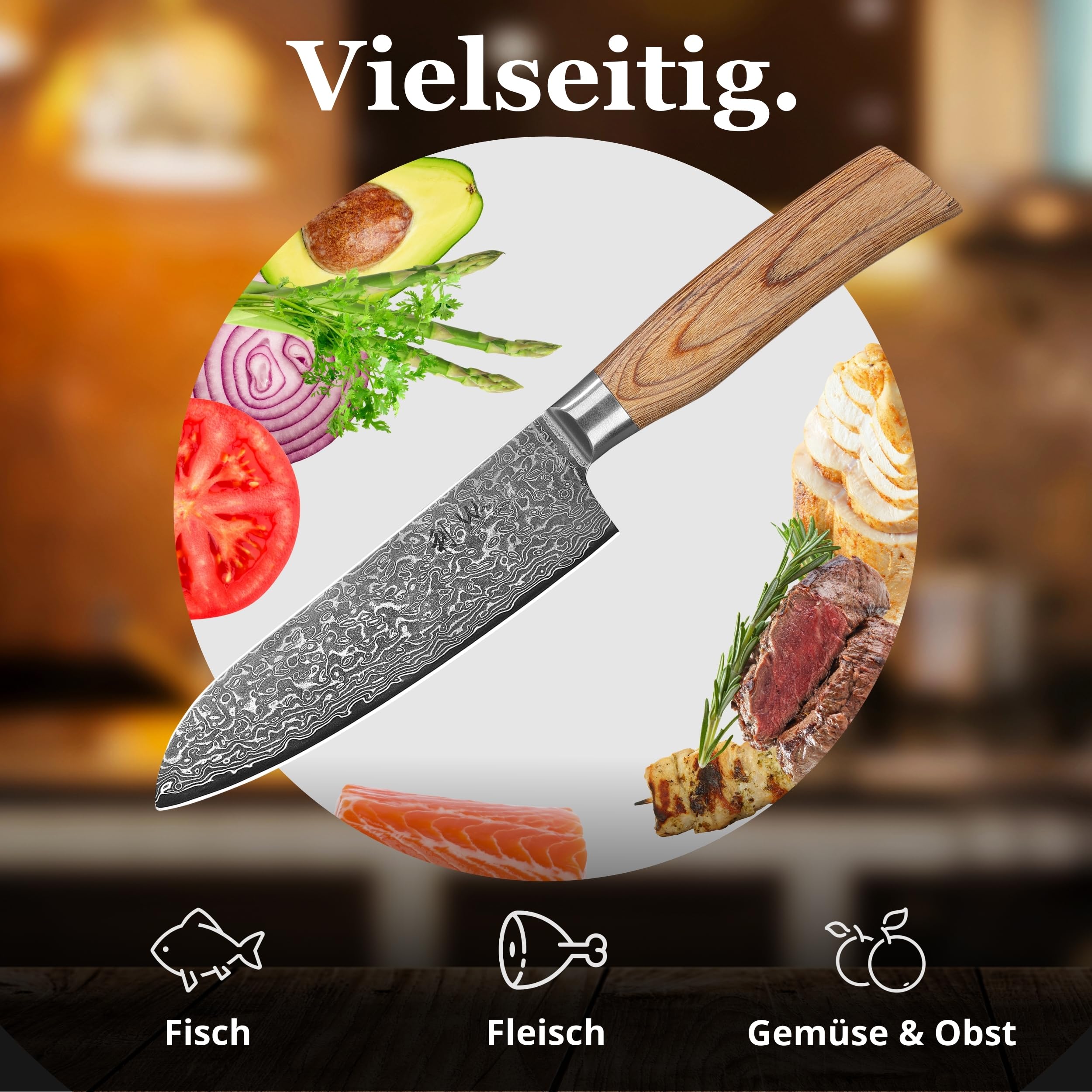 Wakoli EDIB Pro Santokumesser, 16 cm Klinge aus Damaststahl mit VG10 Kern | 67 Lagen, 60 ± 2 HRC, 30 cm Gesamtlänge, Pakkaholzgriff und Geschenkbox; beidseitiger V-Schliff für Fleisch, Fisch und Gemüse