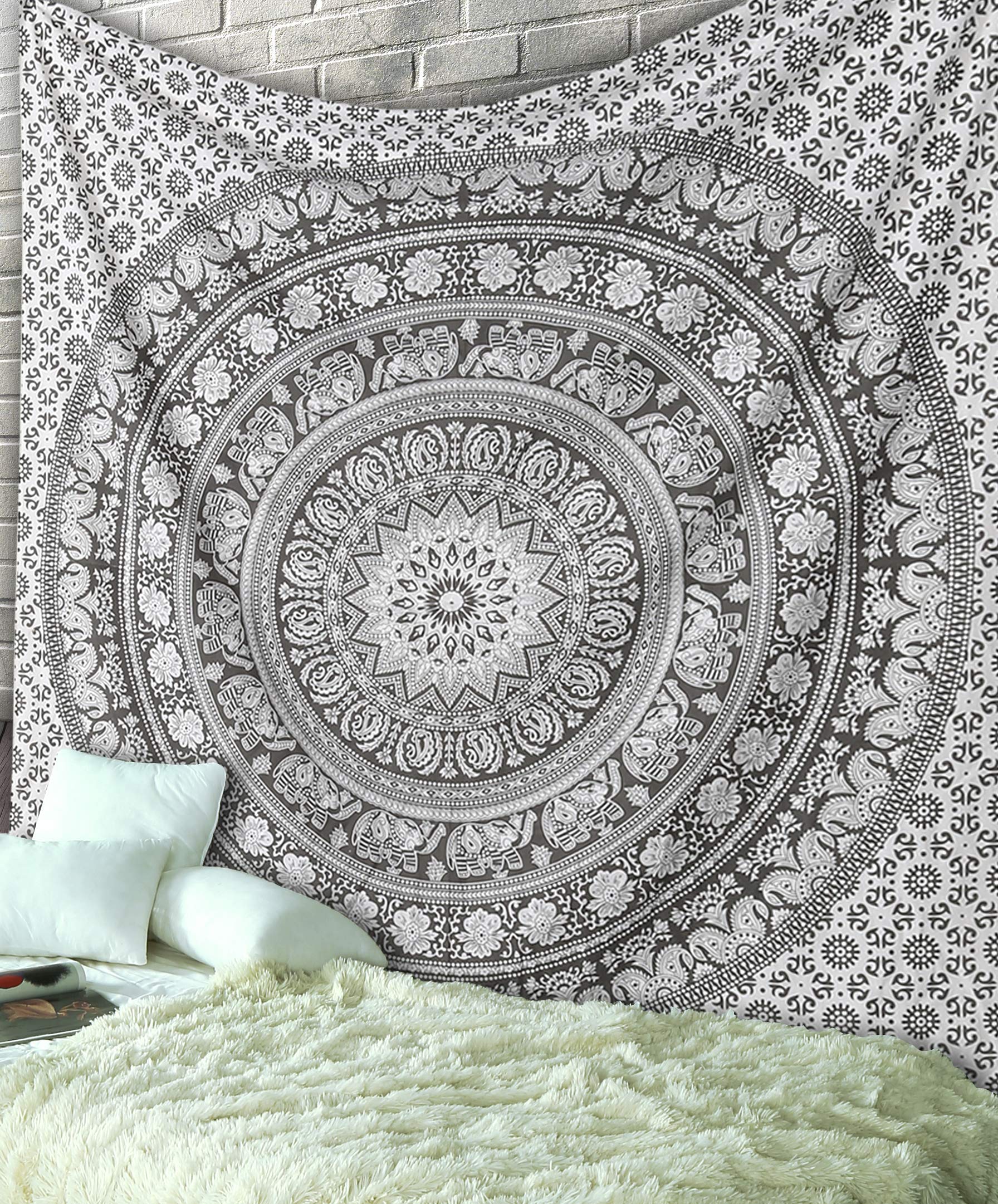RAJRANG Mandala Wandteppich Elefant Boho Tapestry, Schwarz Weiß Baumwolle, 228x274 cm