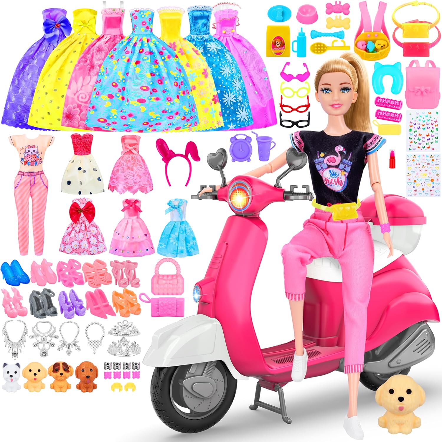 MINIFUN 75 Pcs Doll Scooter Set, Doll Clothes and Accessories, Doll Playset Dress up Toys for Girls Kids Toddlers, Gift Toys for Age 3 4 5 6 7 8