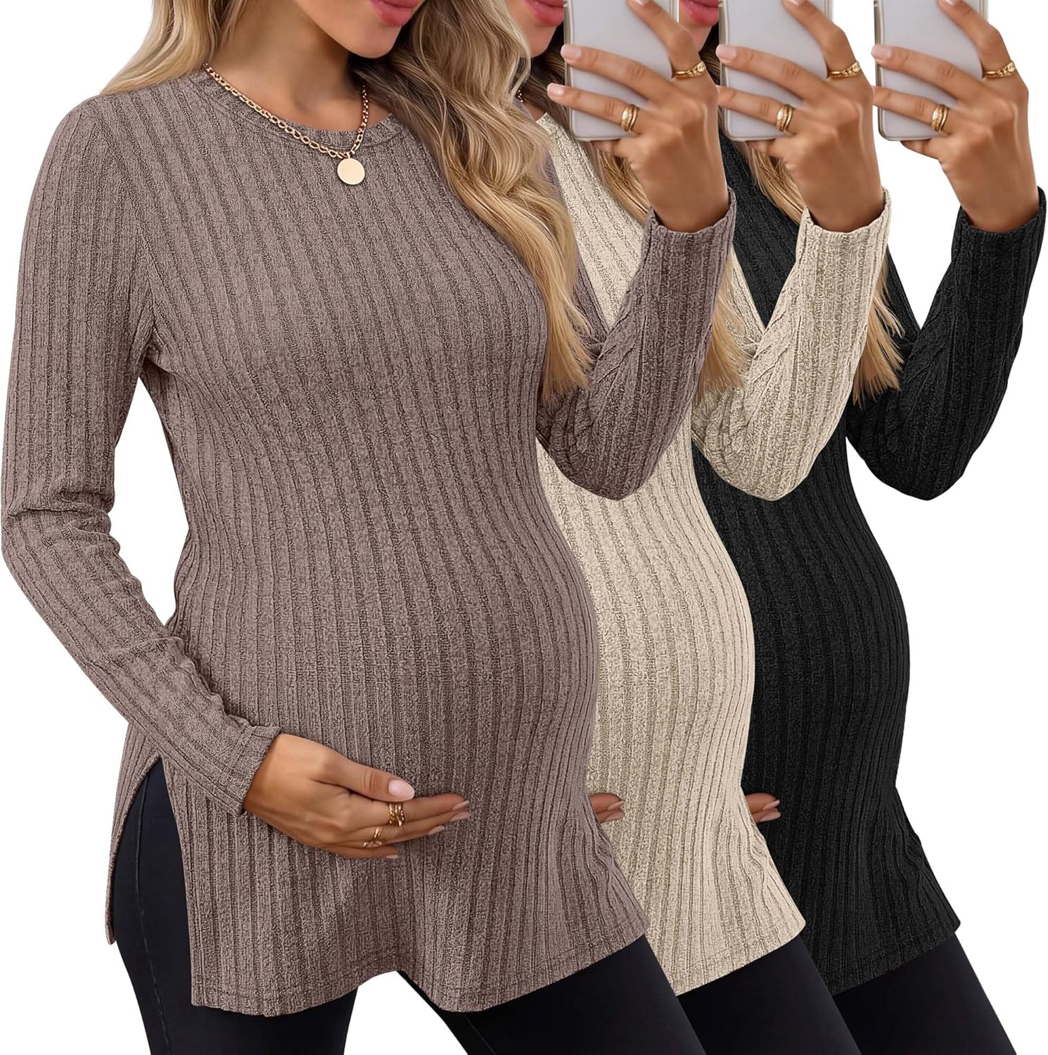 3 Pack Women's Maternity Shirts, Ribbed Long Sleeve Pregnancy Sweaters Knit Split Side Crew Neck Tunic Tees Tops
