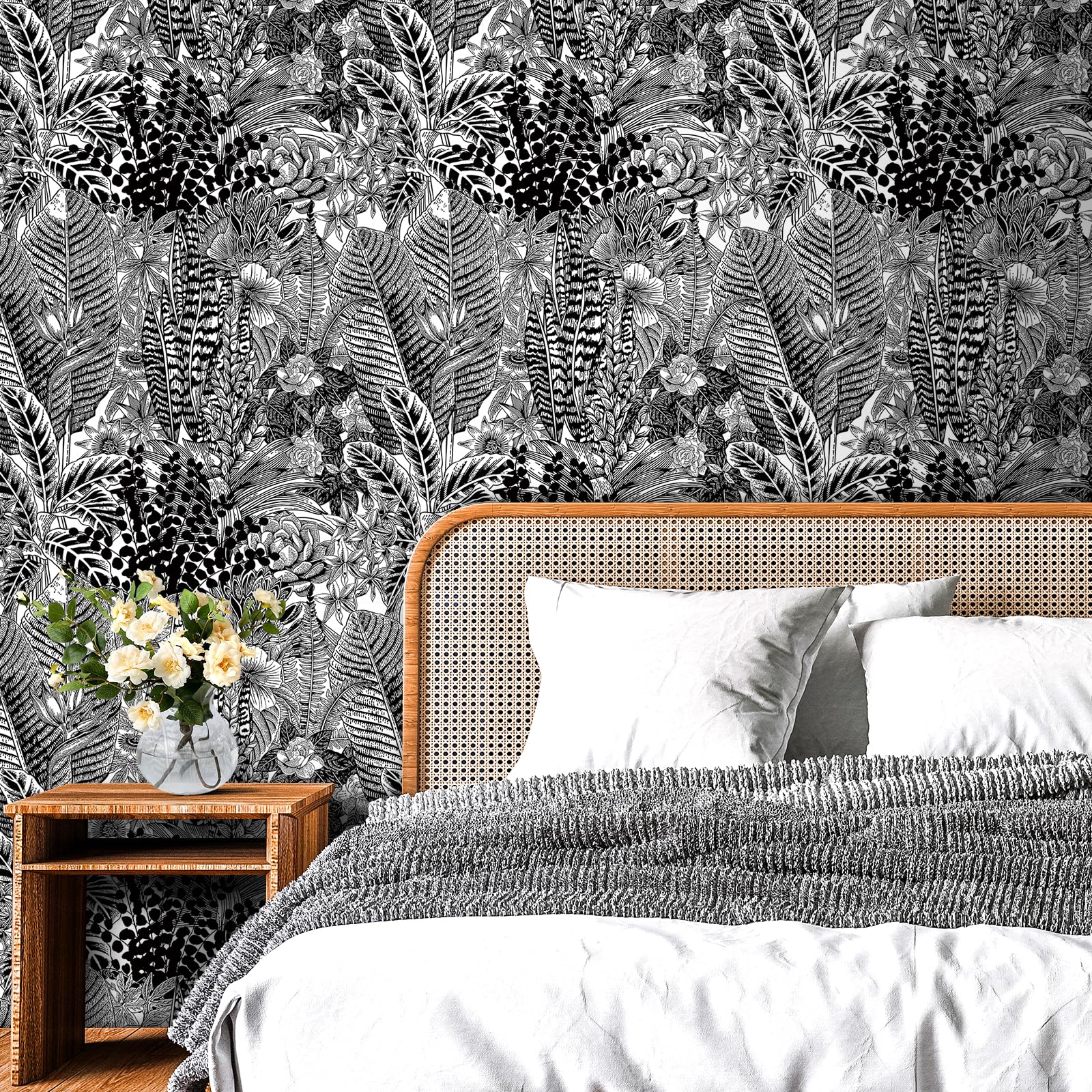 FunStick 44.5CMX9M Papel Pintado Pared Selva Blanco y Negro Papel Adhesivo para Muebles Flores Hojas Tropical Vinilo Adhesivo Dormitorio Revestimiento Pared Blanco y Negro Vinilos para Muebles Armario