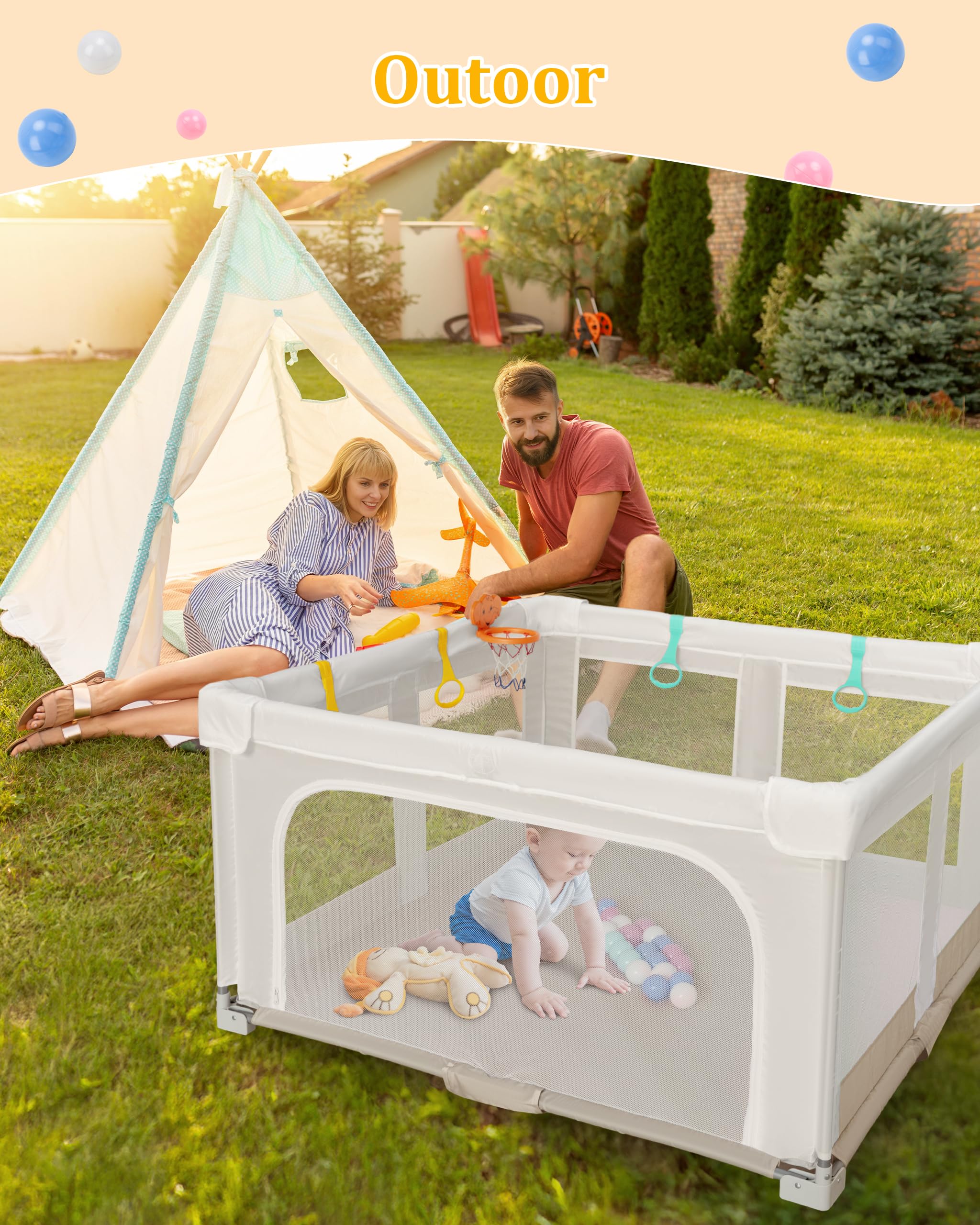 Grand Parc Pliable pour Bébé avec Tapis de Jeu:127x127x70cm pour l'intérieur et l'extérieur,Avec 20 Balles Océaniques,1 Panier de Basket,4 Poignées et 1 Sac de Transport