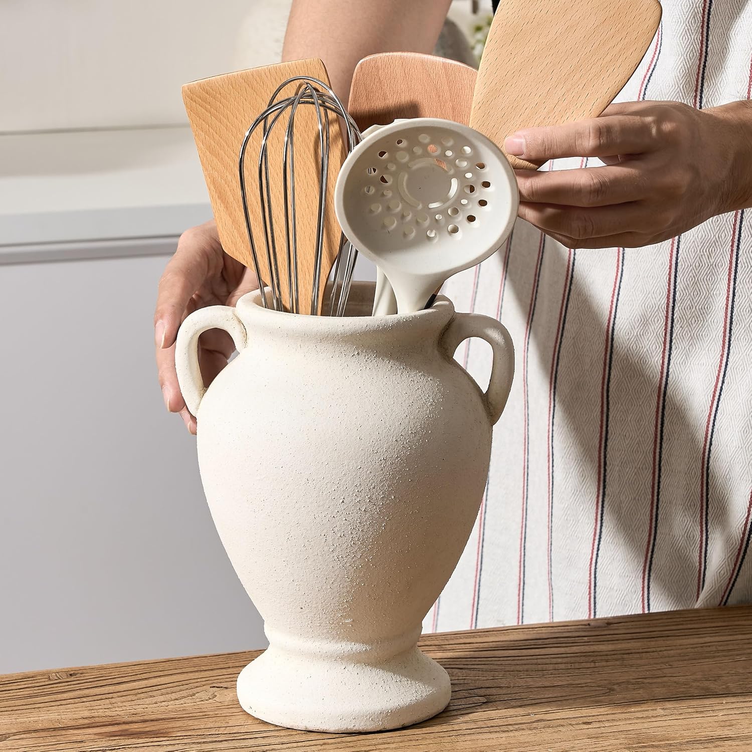 Ceramic Rustic Flower Vase with Handles, 8.46 Inch Tall Vintage Pottery Home Decor, Farmhouse Terracotta Vase for Living Room, Table, Shelf, Mantel Decoration, Farmhouse- White - Image 6