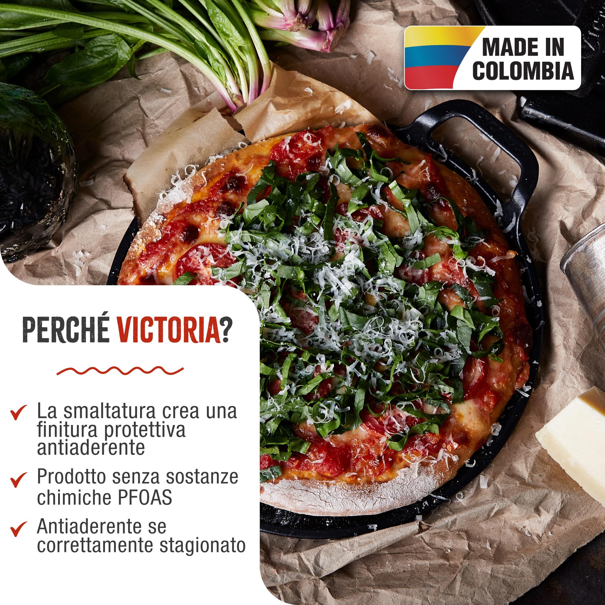 Victoria Teglia per Pizza Ghisa Smaltata, Induzione Piastra per Grigliare 25cm con Manici per Fuoco, Barbecue, Forno, Vetroceramica, Gas, Comal Priva di Sostanze Tossiche e senza PTFE