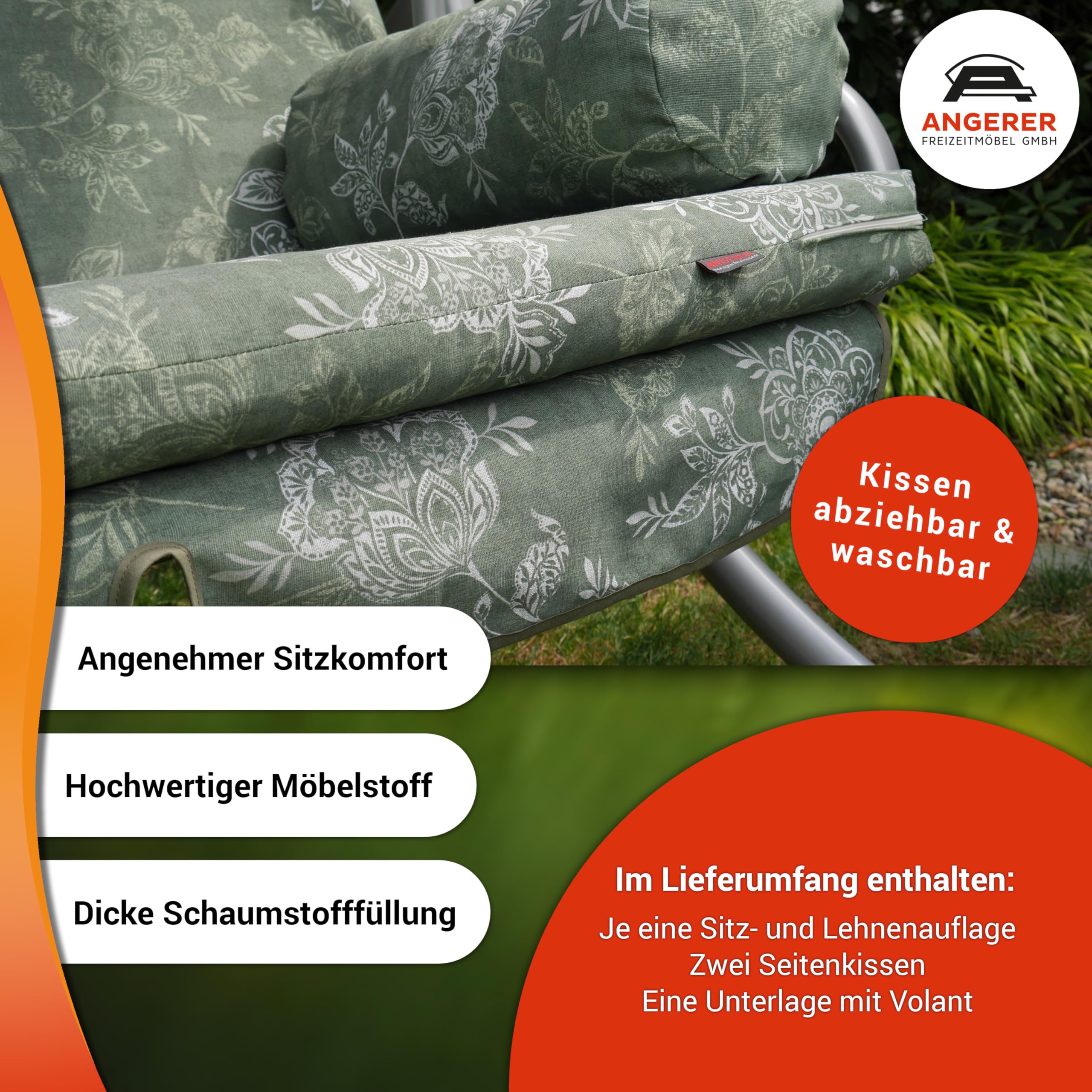 ANGERER Hollywoodschaukel Trend grün einfarbig | Gartenschaukel Made in Germany, Schaukel zum Sitzen, Liegen und Entspannen, inklusive Bett-Funktion, einfache Montage