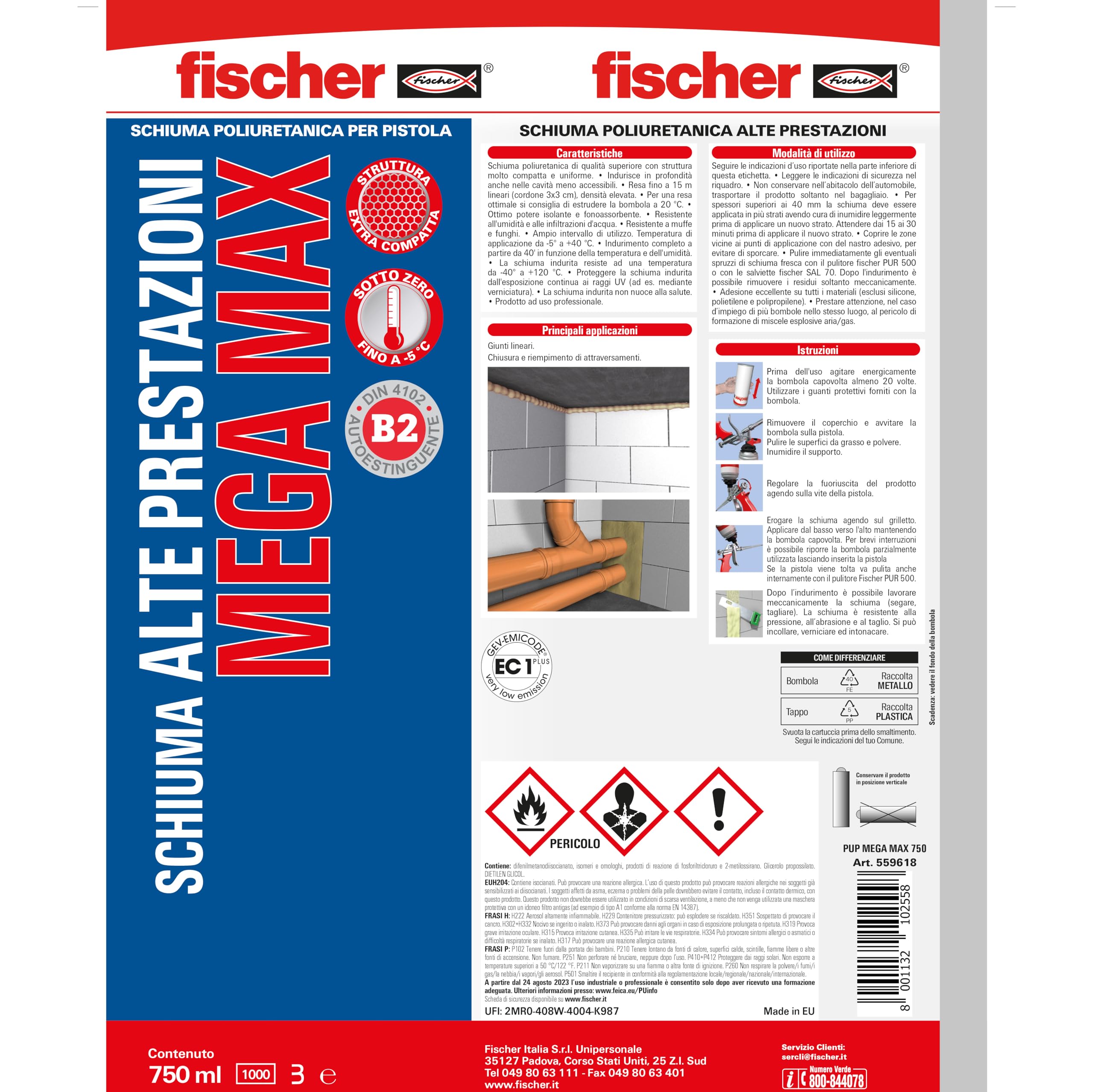 Fischer PUP MEGA MAX 750 Schiuma Poliuretanica per Pistola ad Alte Prestazioni, Reticola Anche in Profondità