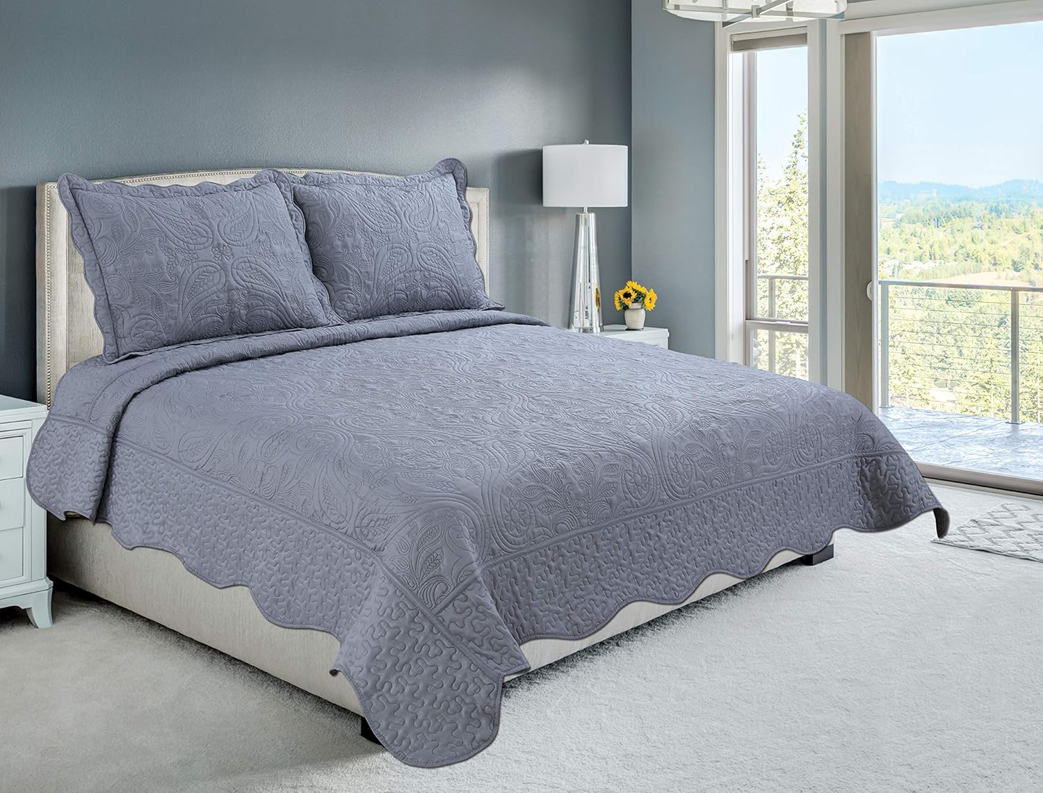 Marina Decoration Embroidered Stitching Coverlet Bedspread Ultra Soft Solid 3 Piece Summer Quilt Set with 2 Quilted Shams, Grey Floral Paisley Pattern King Size