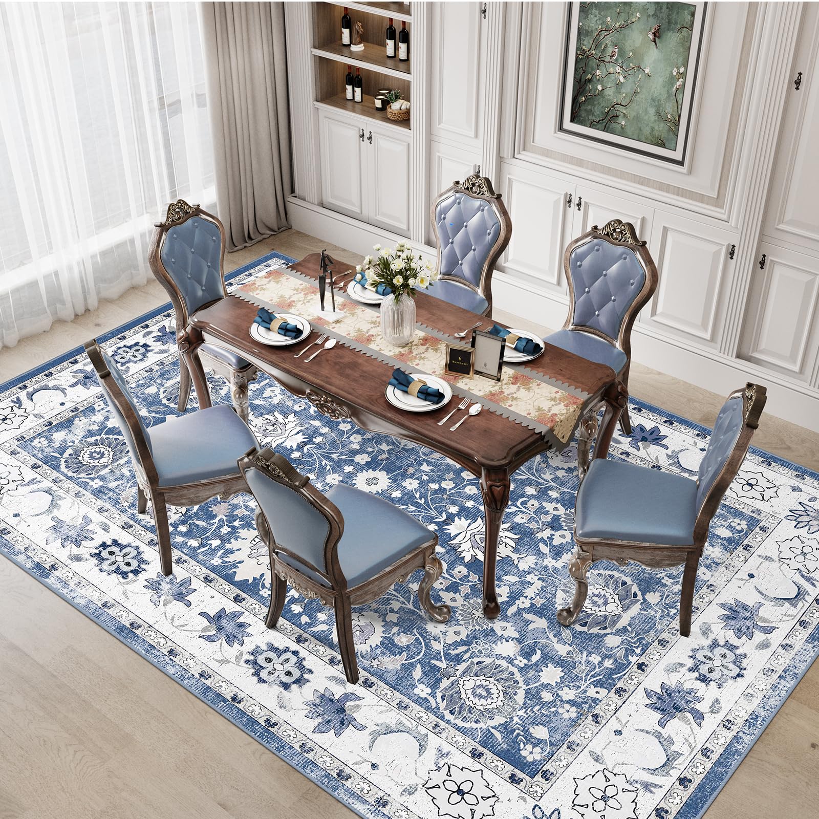 IKALIFE Tappeto Salotto Lavabile Lavatrice - Tappeto Soggiorno Vintage Tappeto Pelo Corto Tappeto Grande Tappeto Camera da Letto, Morbido Antiscivolo per Sala, Pranzo 160x230 cm Blu