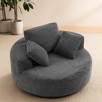 55" Oversized Boneless Round Chaise Lounge Chair Indoor, Modern Deep Seat Cloud Large Circle Sofa Chair with Pillows, No Assembly Required & Easy to Move, Apartment & Office, Gray