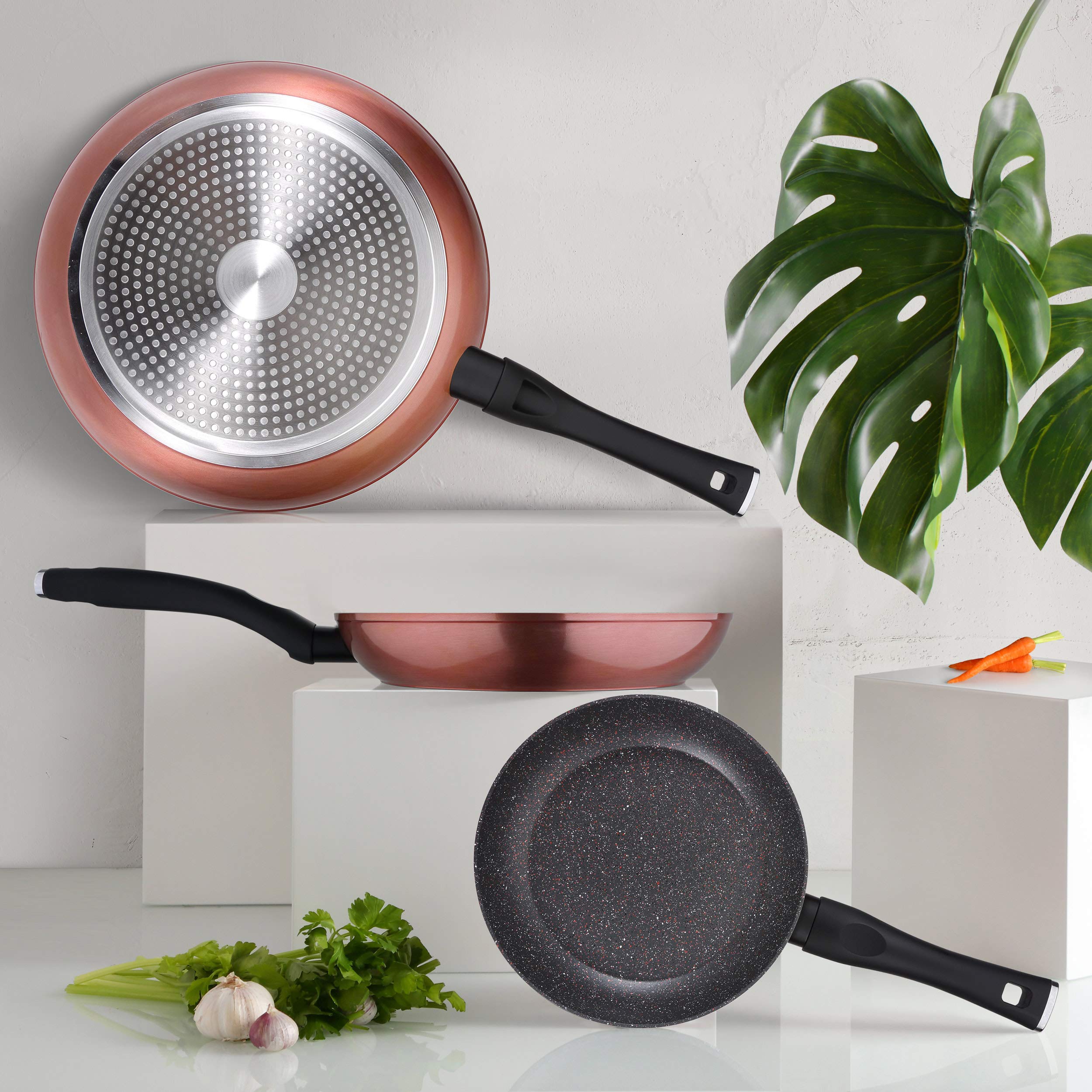 San Ignacio PK1791 3pcs sartenes 20/24/28, Aluminio Forjado, inducción, Utensilios de Cocina, Nylon, con Set 3 contenedores de Alimentos apilables, Multicolor