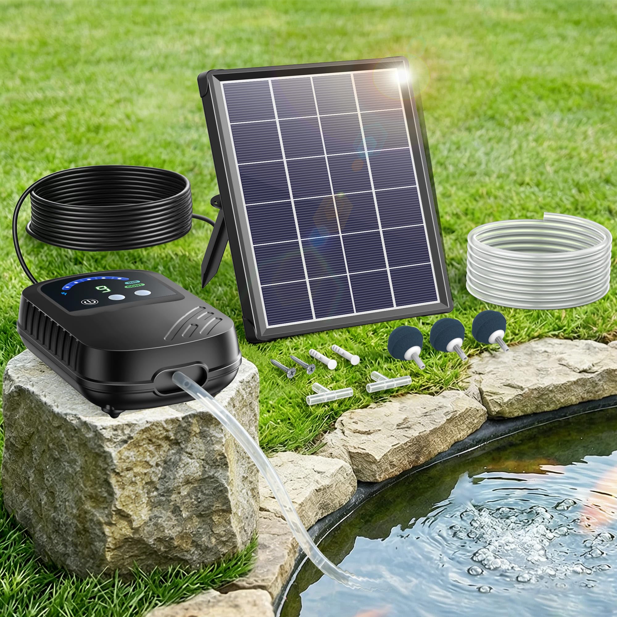Biling Solar Pond Aerator 2.5W Low 45dB Solar Powered Air Pump Oxygenator Aeration Sets with 10ft Pipe Air Bubble Stones for Garden Small Pond Fish Tank Hydroponic, with Power Display