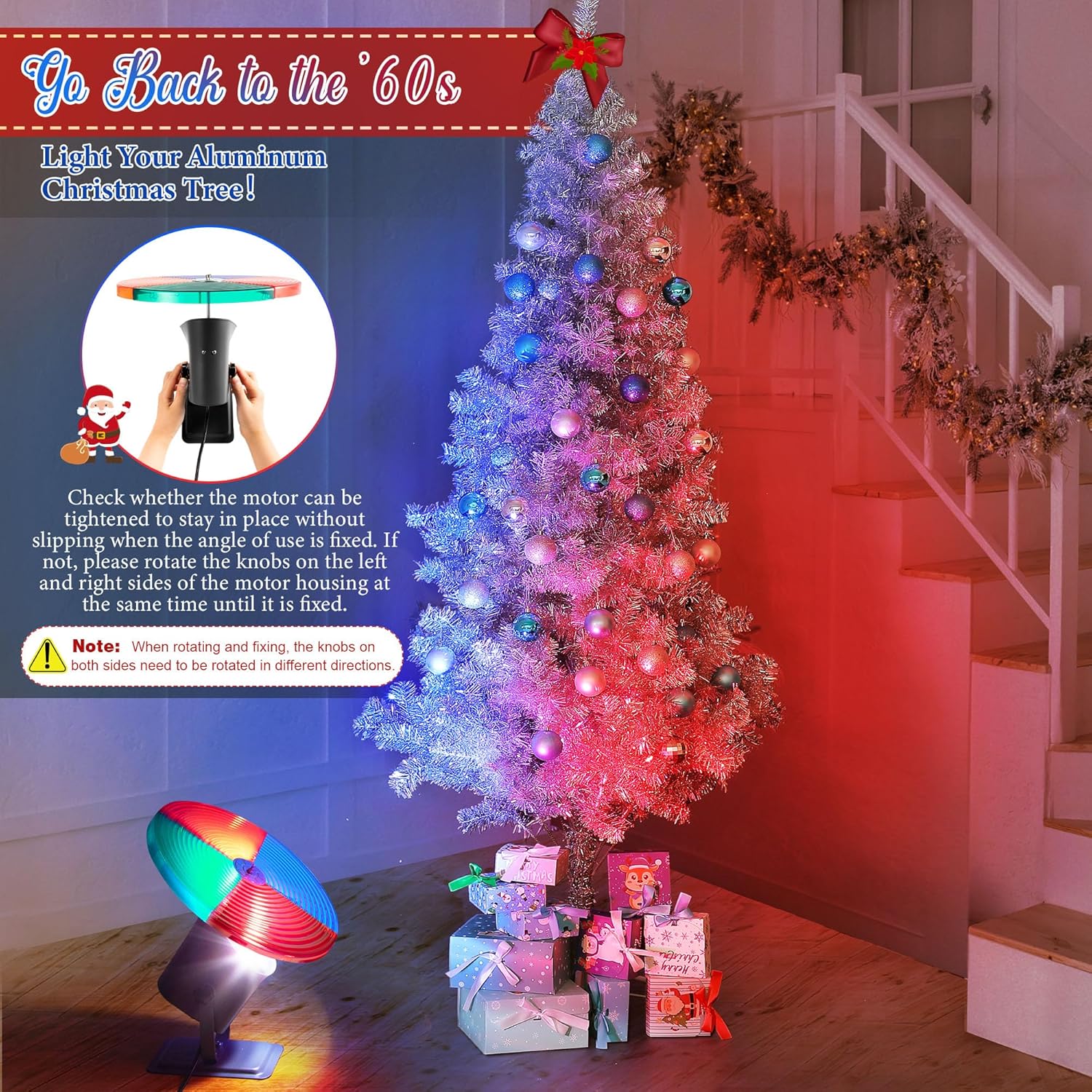 Christmas Tree Color Wheel with E27 LED Light, Rotating 4 Color Wheel for Aluminum Christmas Tree, UL Certification Vintage Rotating Wheels for Silver Tinsel Xmas Trees(Classical)