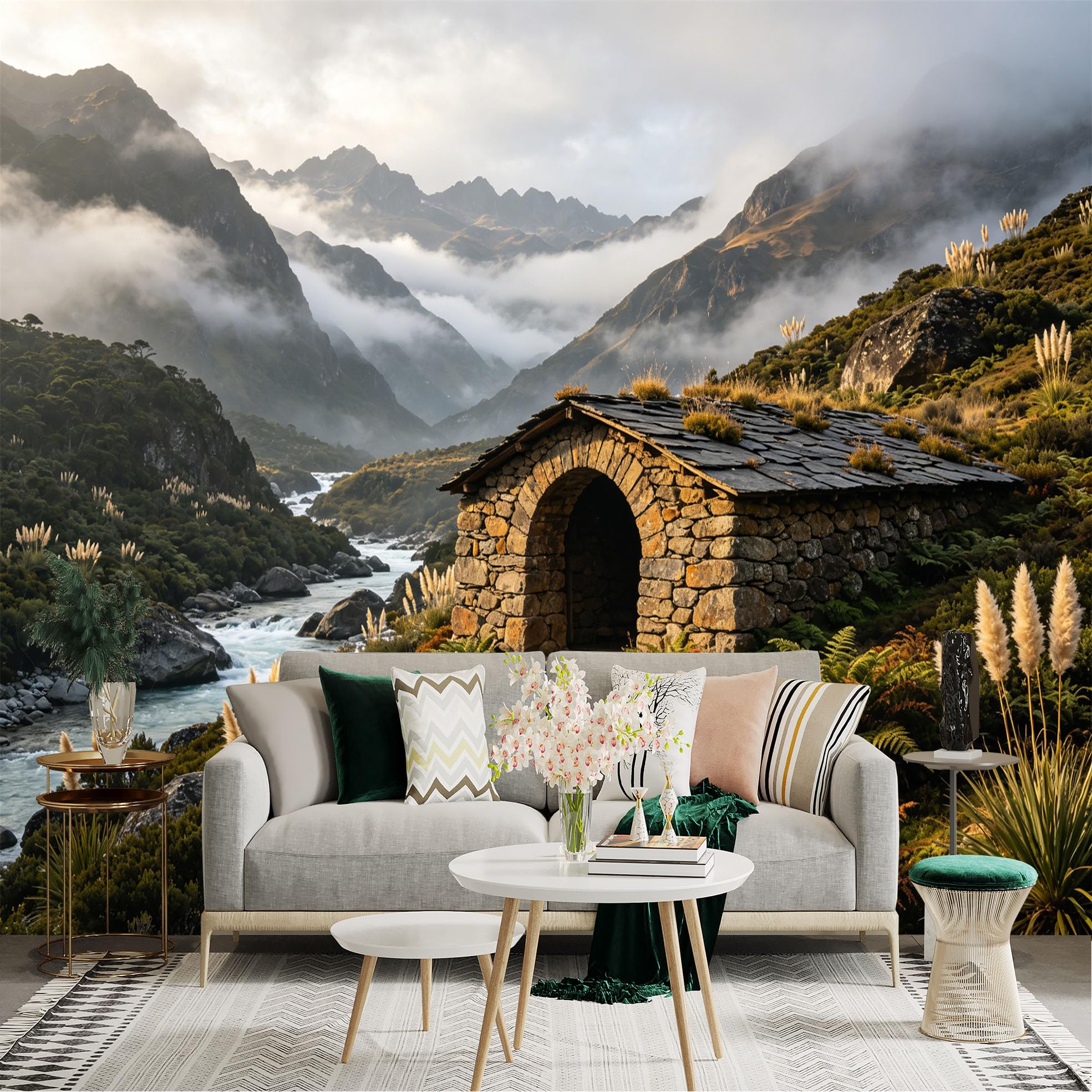 Custom Size Wall Sticker Mural， Stone Cabin by Mountain River with Misty Peaks and Lush Valley Landscape， for wall Decoration， peelandstick wall Decals.