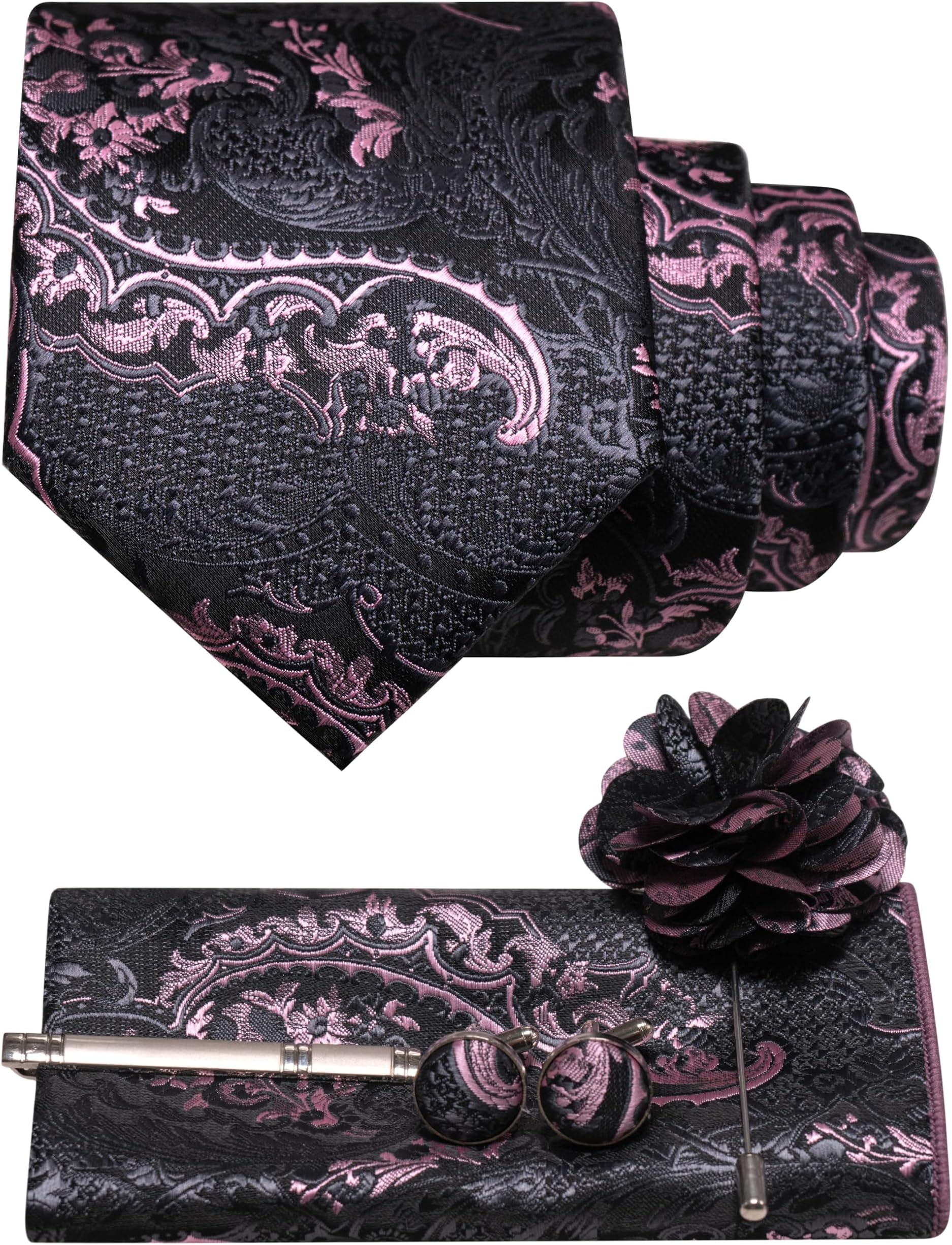 JEMYGINS Mens Tie and Pocket Square,Lapel Pin,Cufflinks,Tie Clip Sets with Gift Box 5PCS