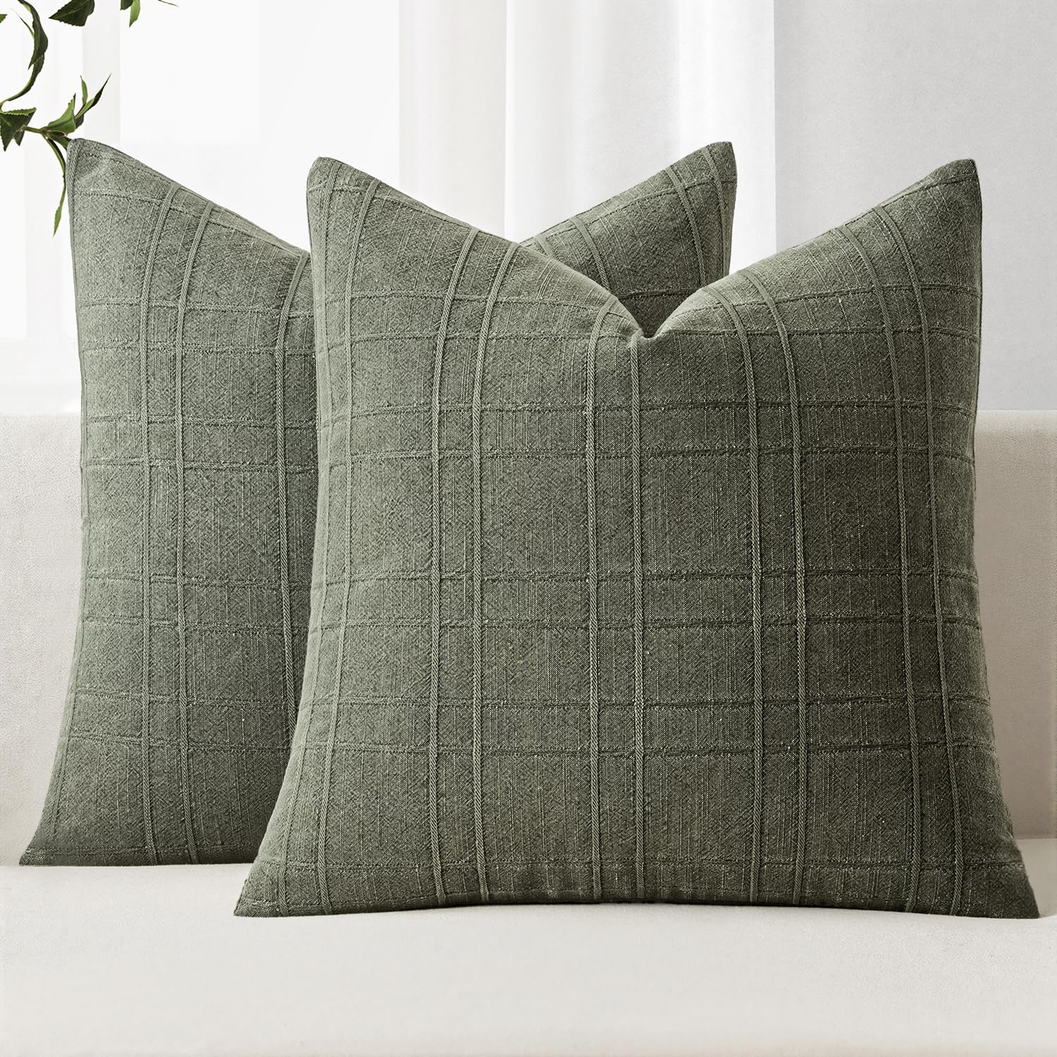 MIULEE Linen Plaid Pillow Covers Decorative 18x18 Olive Green
