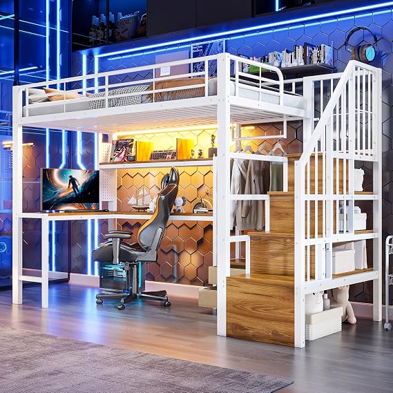 Yihomfy Yihomfy Lit Mezzanine 90 x 200 cm avec Escalier Caissons, Bureau et LED