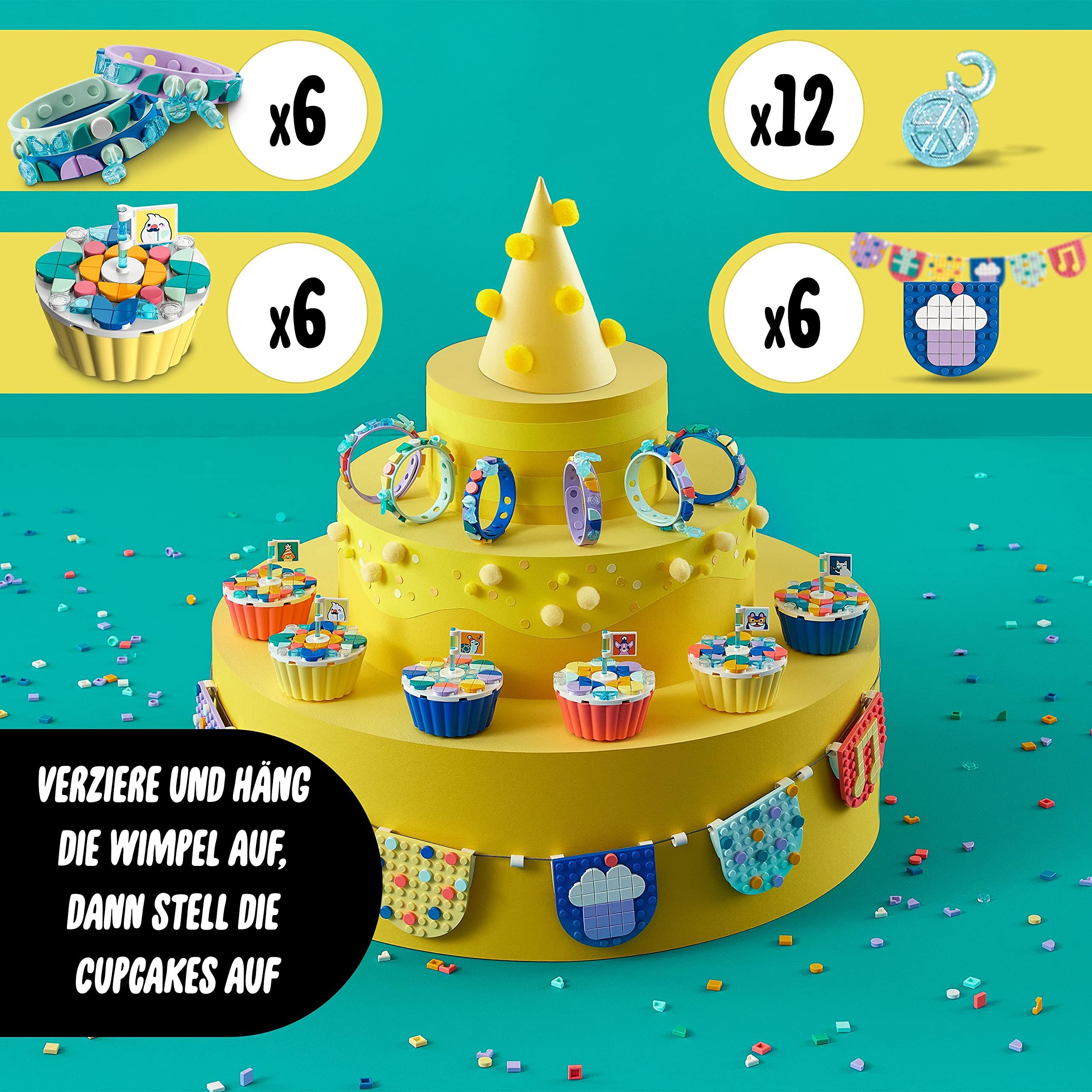 LEGO 41806 DOTS Ultimatives Partyset, Partyspiele für Kinder, Mädchen und Jungen, DIY-Partytütenfüller mit Spielzeug-Cupcakes, Armbändern und Wimpeln, kreative Deko und Geschenk