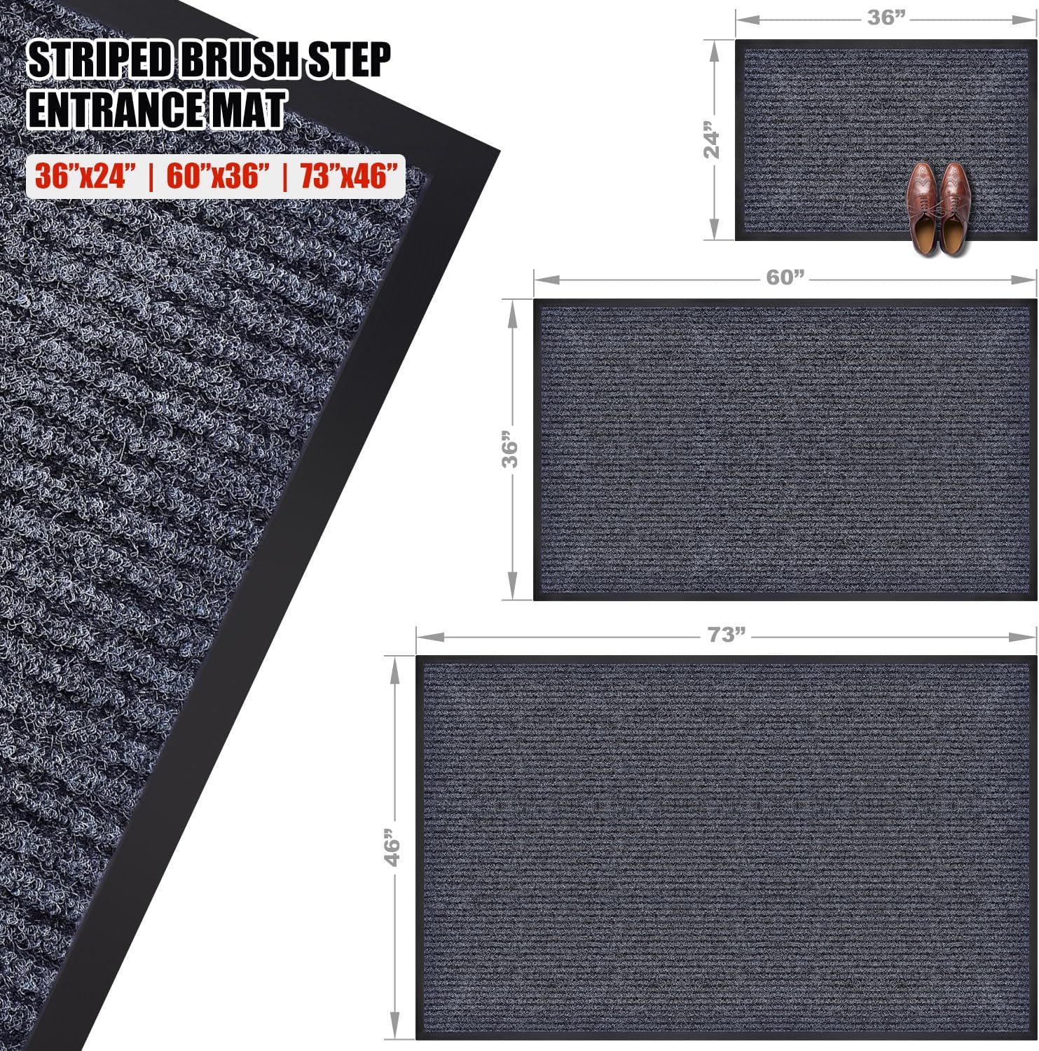 60" x 36" Inch Large Striped Brush Step Entrance Mat, Front Door Mat Welcome Floor Mats, Entryway Entrance Doormats, Patio Porch Muddy Shoe, Low Profile, Easy to Clean (60"x36"-2Pack)