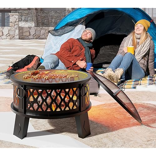 Fire Beauty 26" Steel Fire Pit with Grill & Diamond Mesh Design,360° Airflow Tech for 80% Less Smoke,XL Flames,Heavy-Duty Portable Outdoor Fire Bowl for Camping, Backyard, Beach (22lbs, 4 Handles)