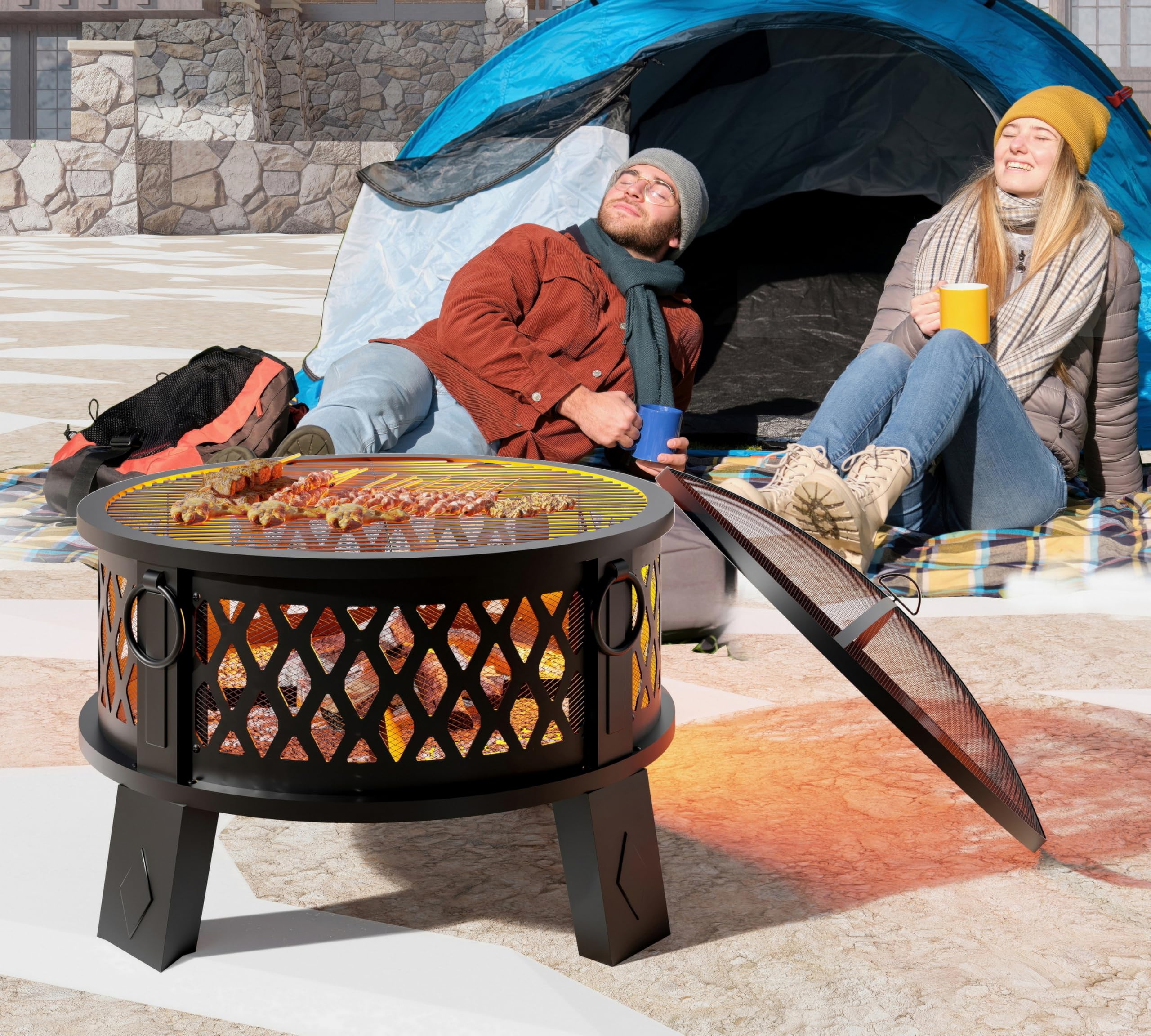 Fire Beauty 26 inch steel fire pit with diamond mesh design and cooking grate