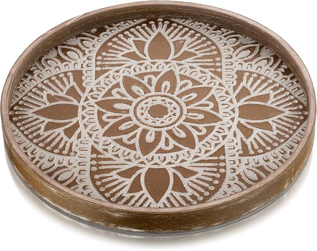 Hanobe Round Wood Decorative Tray: Rustic Coffee Table Tray Farmhouse Tray Decor White Washed Centerpiece Wooden Serving Trays Rounded Tray for Kitchen Counter Boho Ottoman Tray for Home