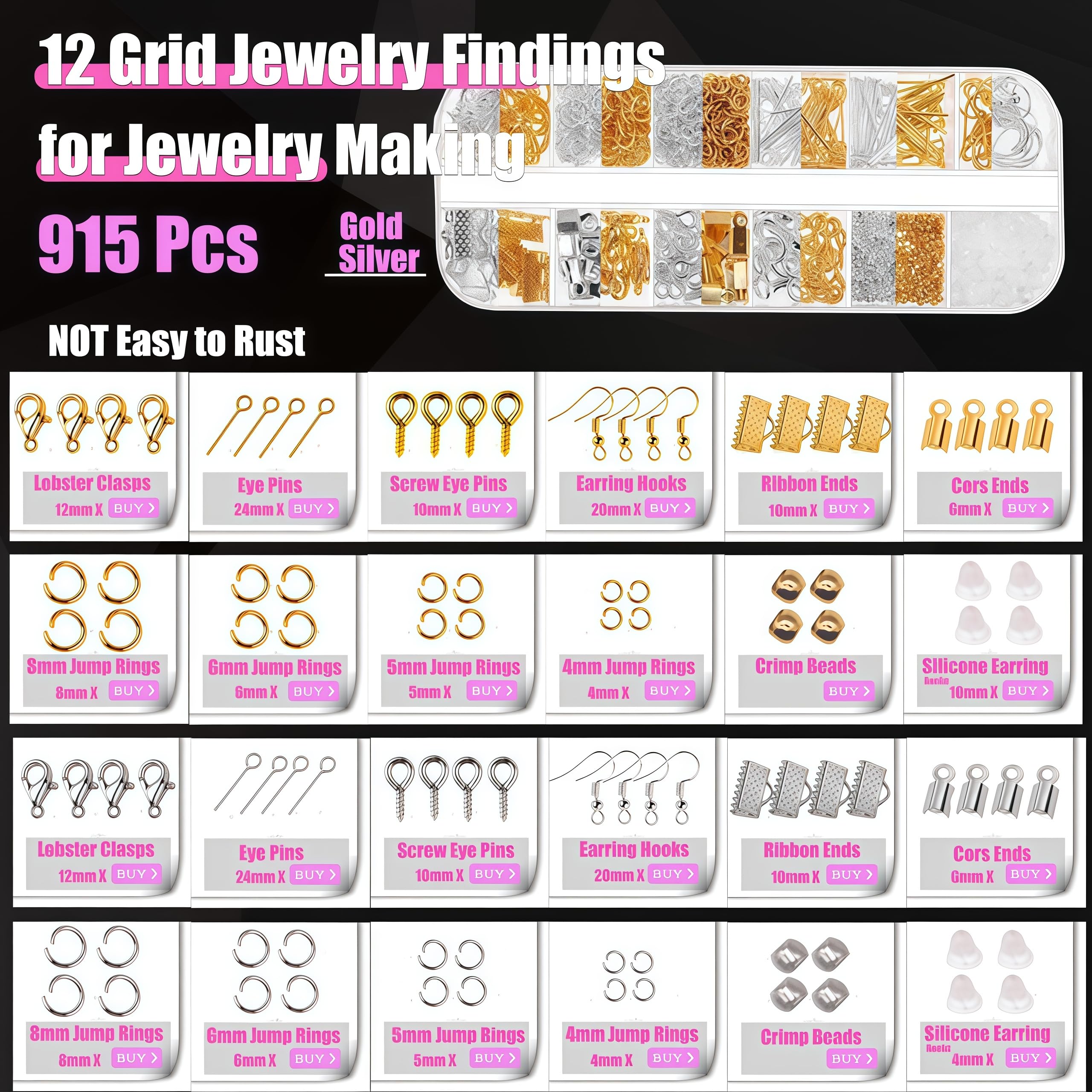 MONVICT Kit de fabrication de bijoux, 24 + 845 pièces - Fournitures de fabrication de bijoux pour la réparation de bijoux, les loisirs créatifs, les boucles d'oreilles, les bagues, les perles