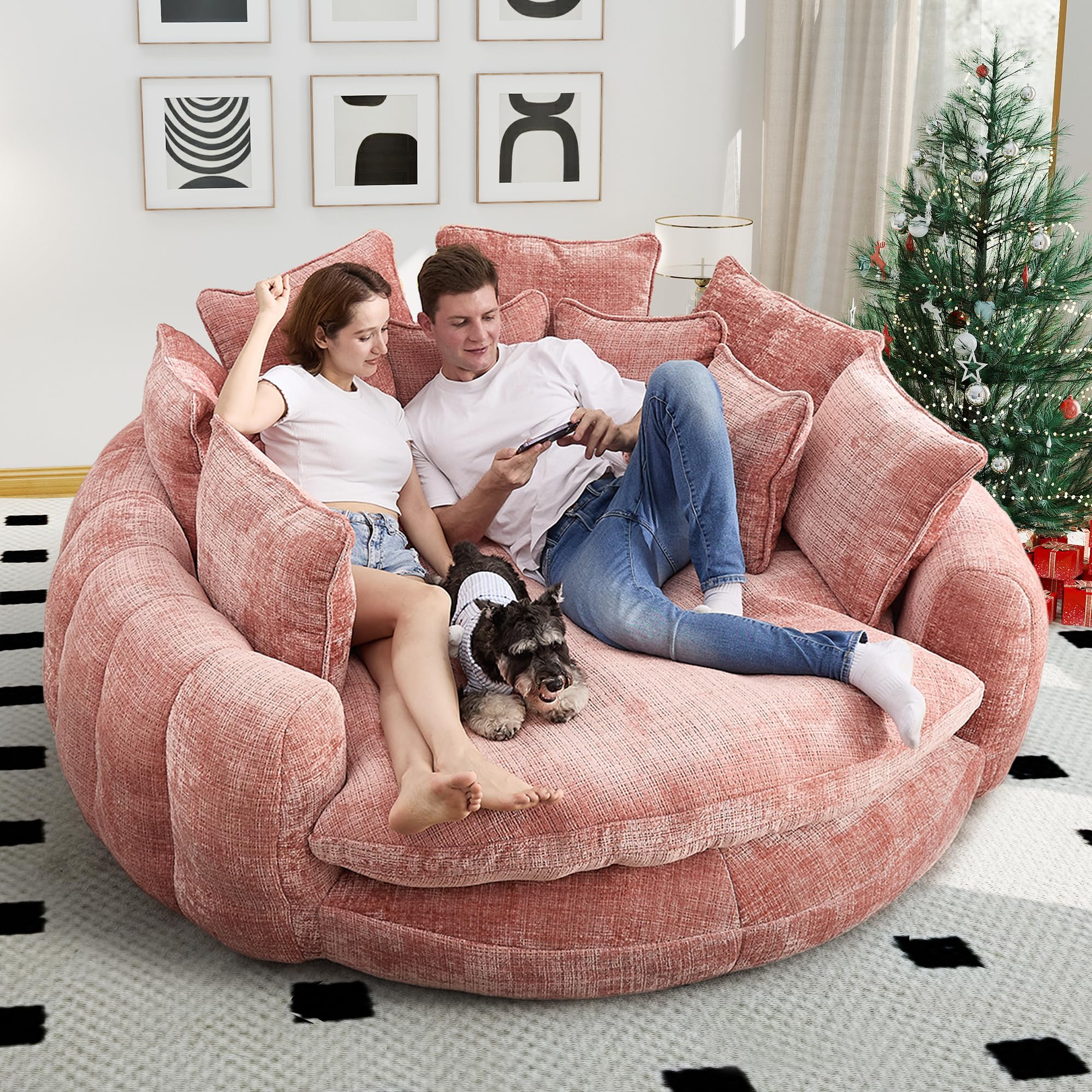 Oversized Round Chaise Lounge Chair Indoor, 81” Modern Upholstered Chenille Boneless Couch with 14 Throw Pillows and Backrest, Circle Cloud Sofa Bed