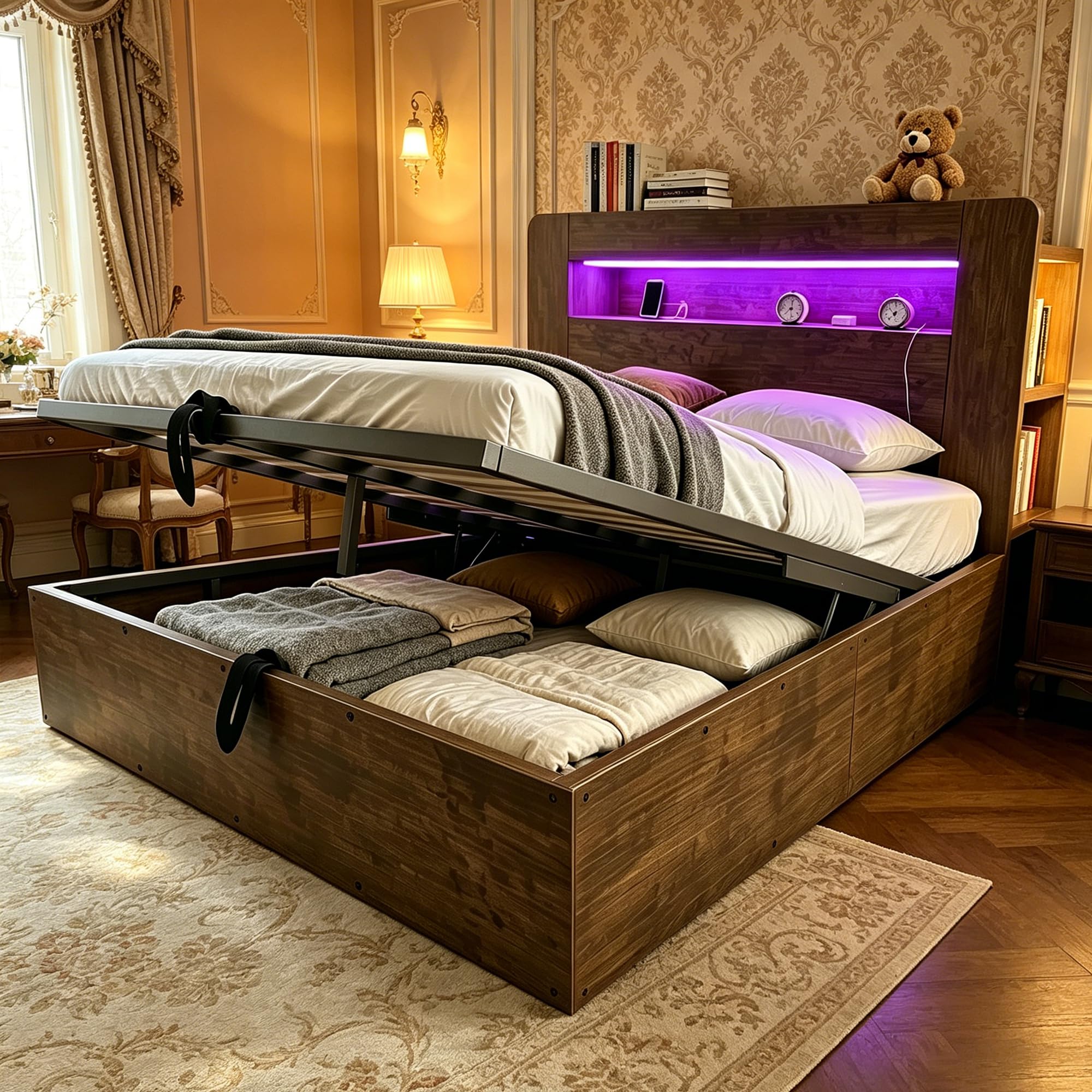 Camas Juveniles Cama 140x200 cm con Enchufe y USB, Camas Matrimoniales con LED y Cabecero de Almacenaje, Cama Doble con Almacenamiento Hidráulico, Somier de Madera, Sin Colchón, Madera Vintage