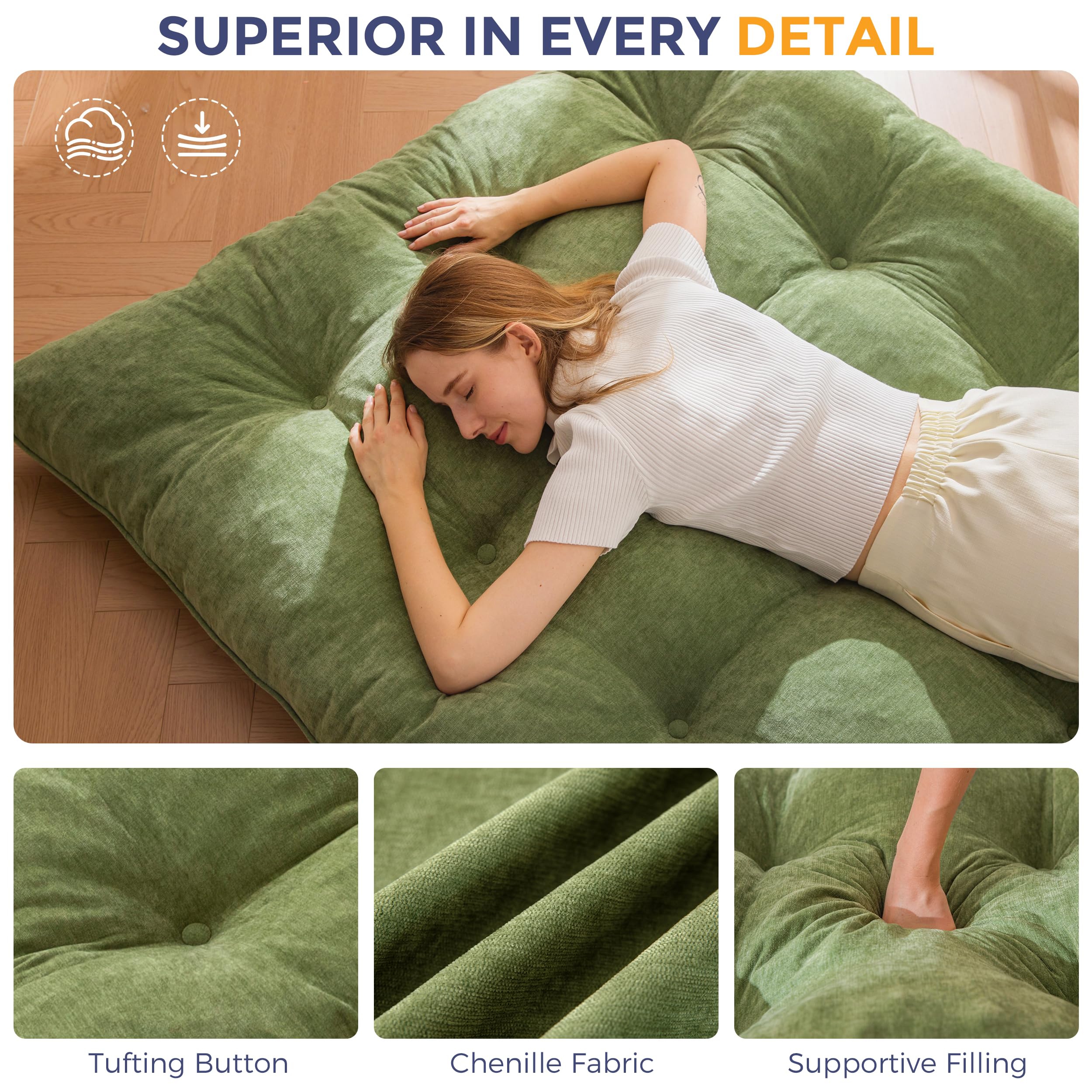 MAXYOYO Materasso Futon Tessuto-Chenille, 15cm Spessore, Rollisci Divano-Letto Pieghevole Riempito Spugna-Schiacciata, Craft-Bottoni, Pratico Tappetino-Pavimento Pieghevole (Escluso Struttura-Letto)