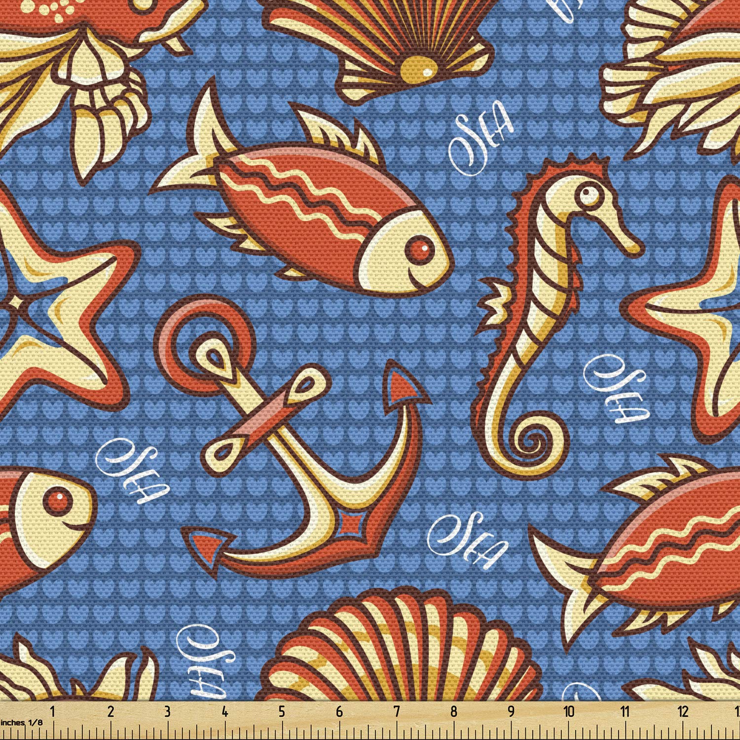 Lunarable Nautical Fabric by The Yard, Doodle Style Cartoon Sea Creatures with Heart Filled Backdrop Seahorse, Decorative Fabric for Upholstery and Home Accents, 3 Yards, Vermilion Yellow