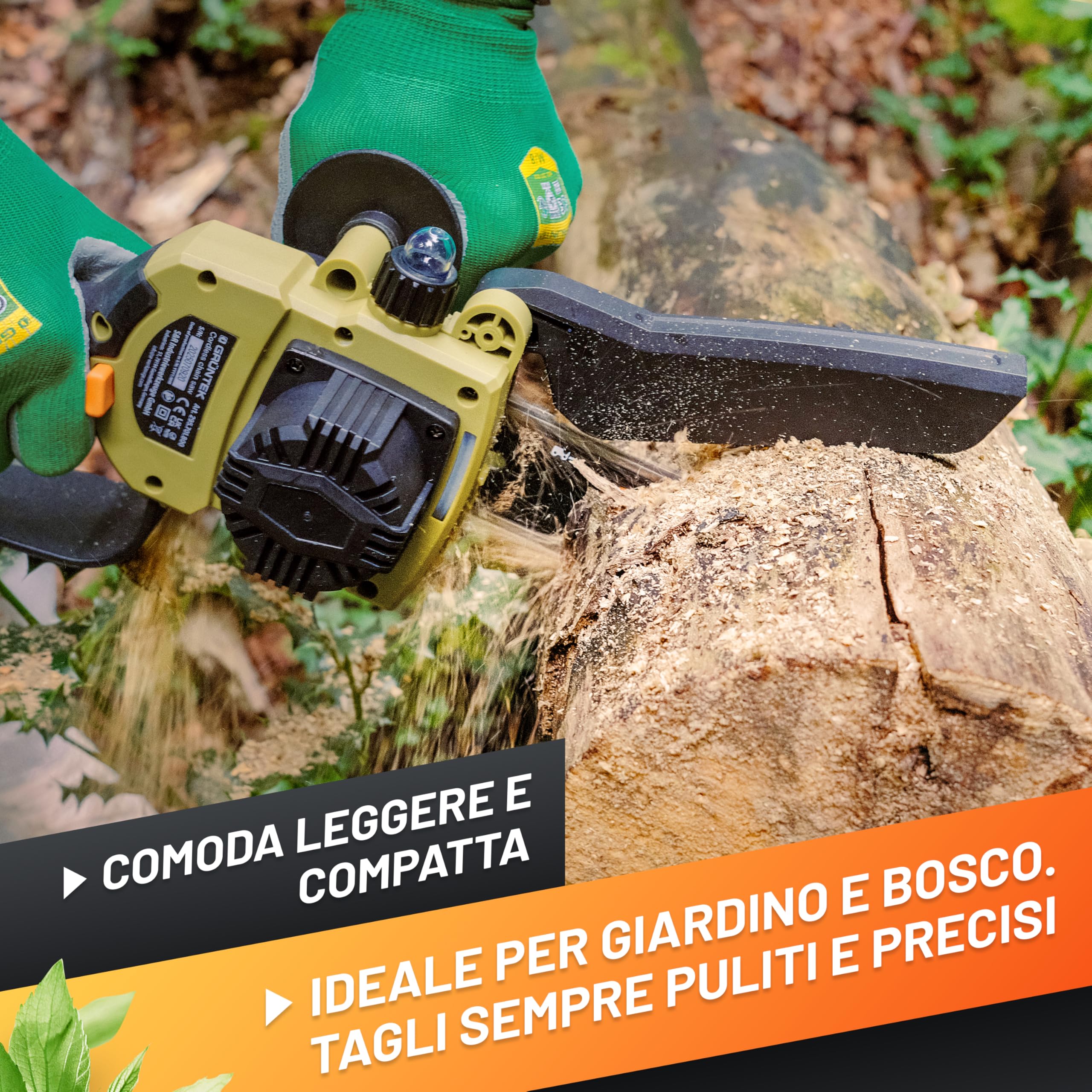 GRÜNTEK Mini Motosega a Batteria 1050W. Motosega Elettrica 6" e 8". Sega Elettrica per Potatura Brushless. Seghetto Elettrico per Legno. Lubrificazione Automatica. Potatore con 2 Batterie 21V.