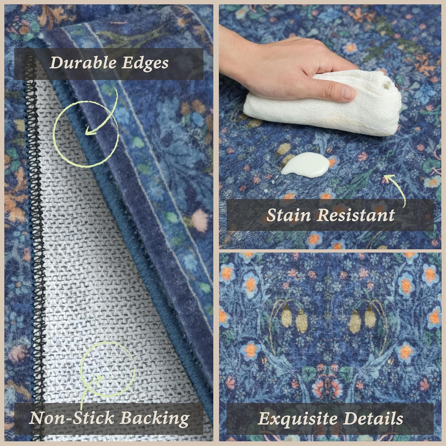 JTJ Dark Blue Kitchen Rugs Set of 3, Non Slip Washable Runner Mats, Vintage Floral Botanical Low Pile Farmhouse Rug Set for Sink, Stove, Laundry Room & Hallway