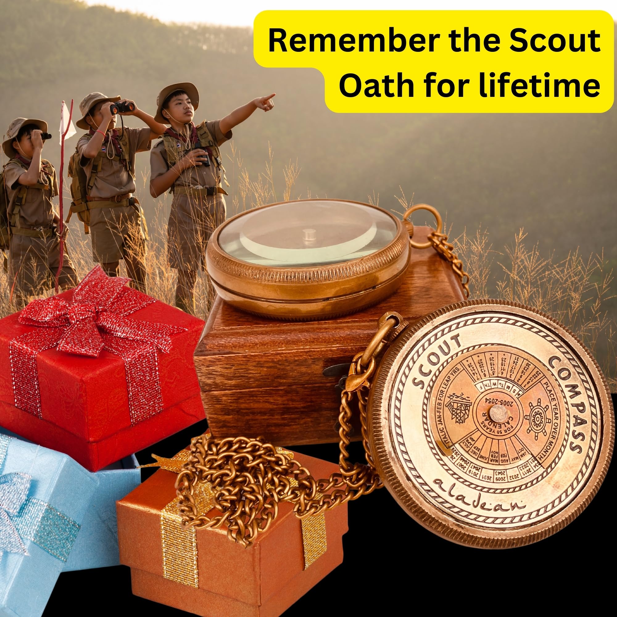 Scout Compass Gift Boys - Engraved Scout Oath Compass in wood Box Scout Always Prepared Camping Orienteering Compass, Hiking Backpacking Compass gift, 50 year calander