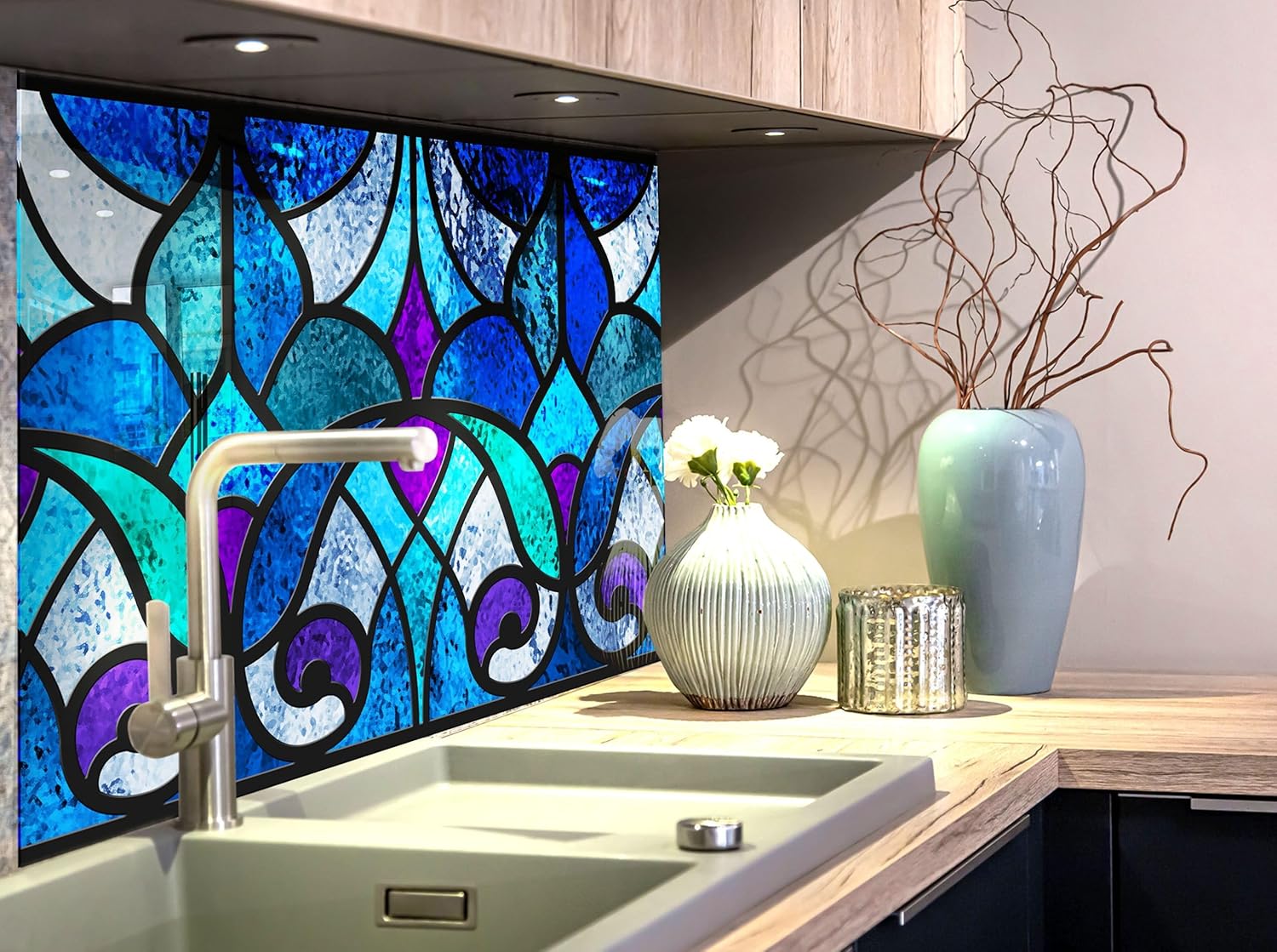 Myphotostation.com 16x16''Tempered Glass Stained Backsplash Design Cooker Wall Backsplash Panel Glass Splashback for Kitchen Stove Back Panel Blue Stained Splashback