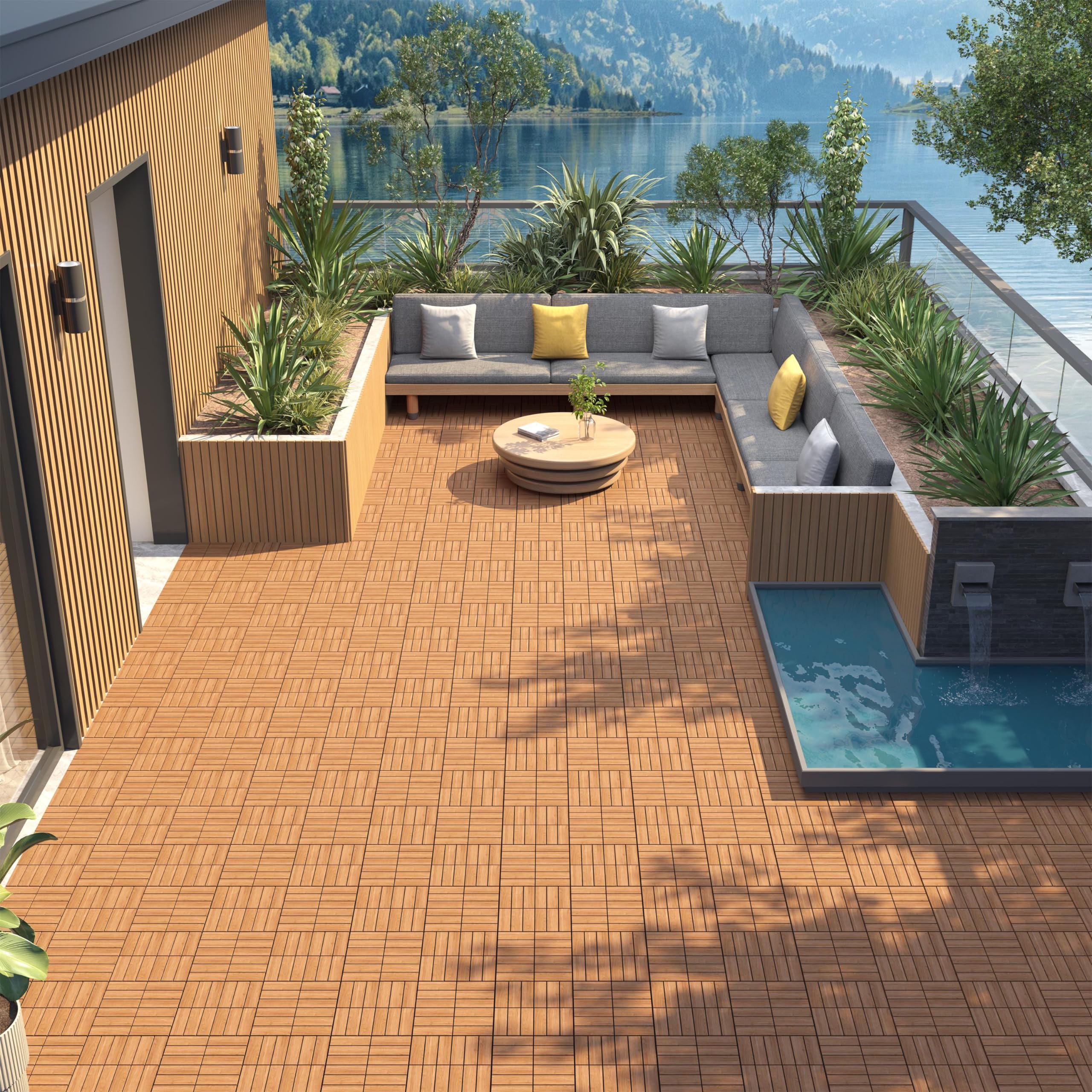Yaheetech Lot de 27 dalles de terrasse emboîtables en bois d'acacia avec surface antidérapante, faciles à clipser et imperméables pour intérieur et extérieur, résistant aux fissures, décoration de