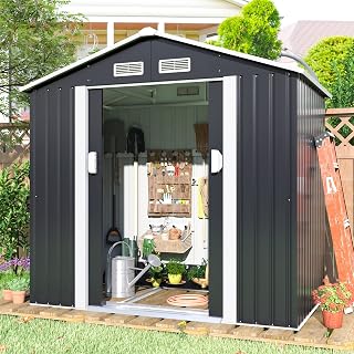 JAXPETY 4.2' x 7' Storage Shed Outdoor, Metal Shed Outdoor Storage with Lockable/Sliding Doors, Steel Utility Tool Shed with Floor Frame for Garden Patio Backyard Lawn, Gray