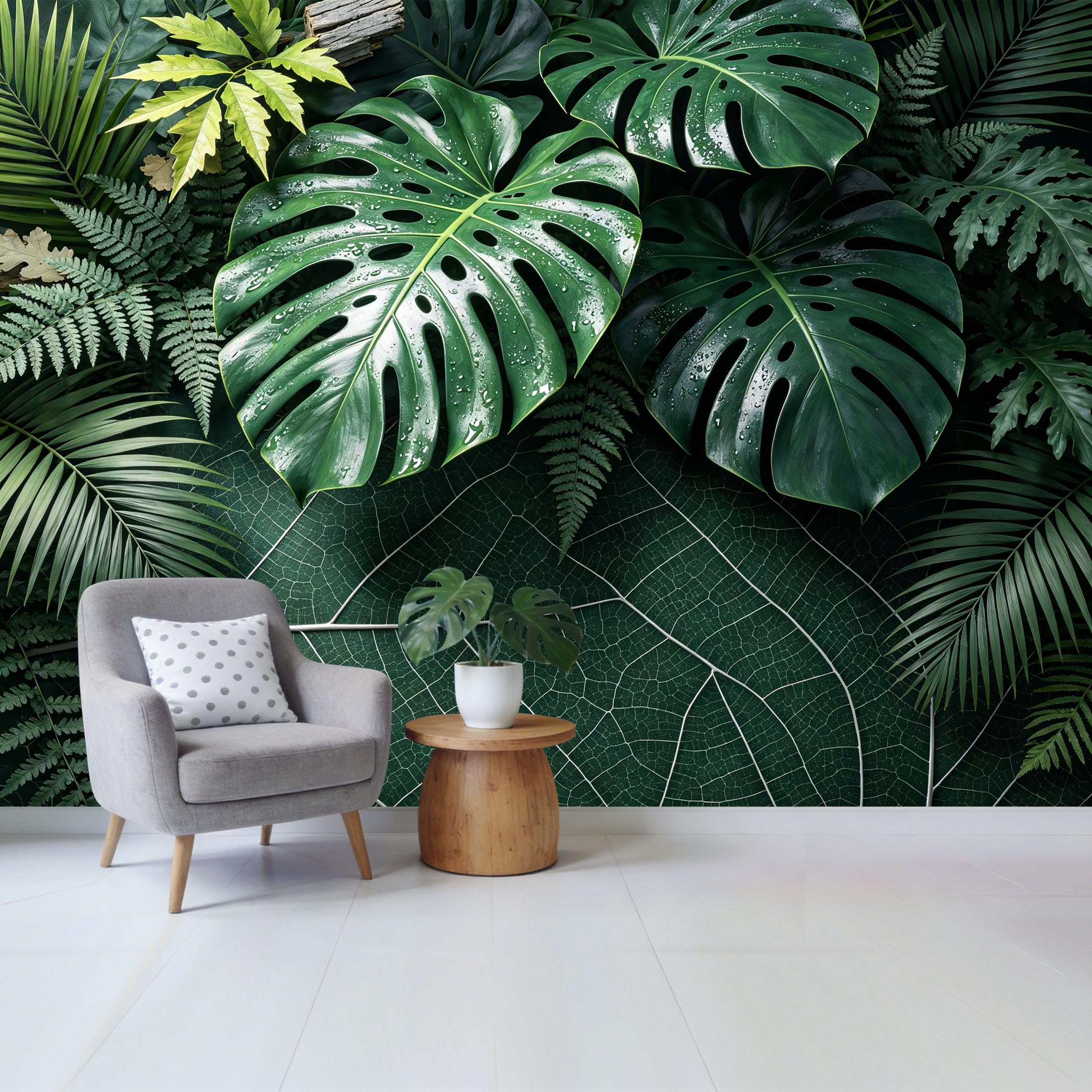 Custom Size Wall Mural， Botanical Tropical Jungle Green Monstera Palm Fern Leaves Removable Self Adhesive Fabric，Home Wall Decor for Living Room Bedroom Bathroom