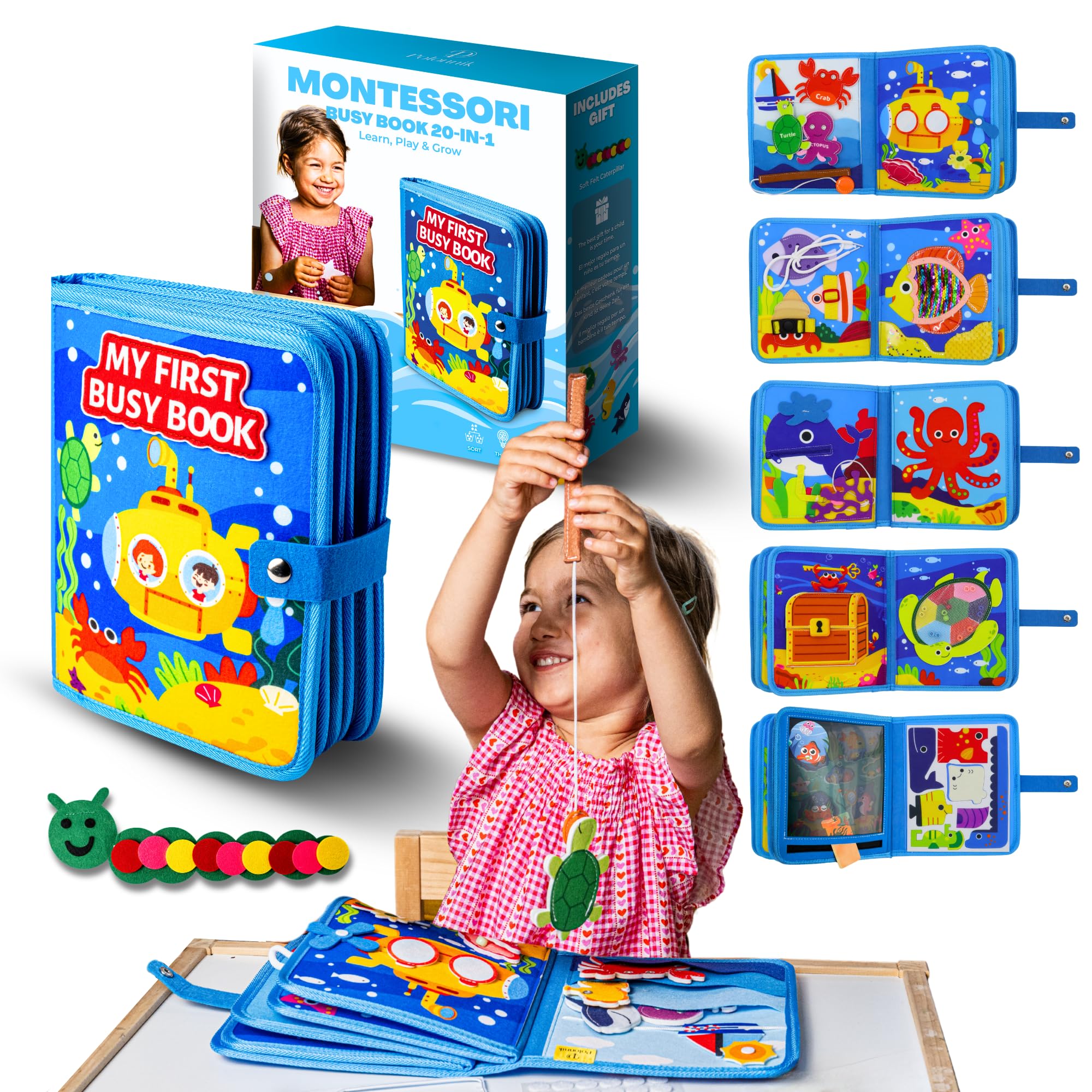 Libro Montessori 1, 2, 3, 4 años, Busy Board, Busy Book, Libro Interactivo, Libro sensorial Bebe, Juguetes sensoriales, Regalos Cumpleaños Niño Niña, Incluye Regalo de Oruga