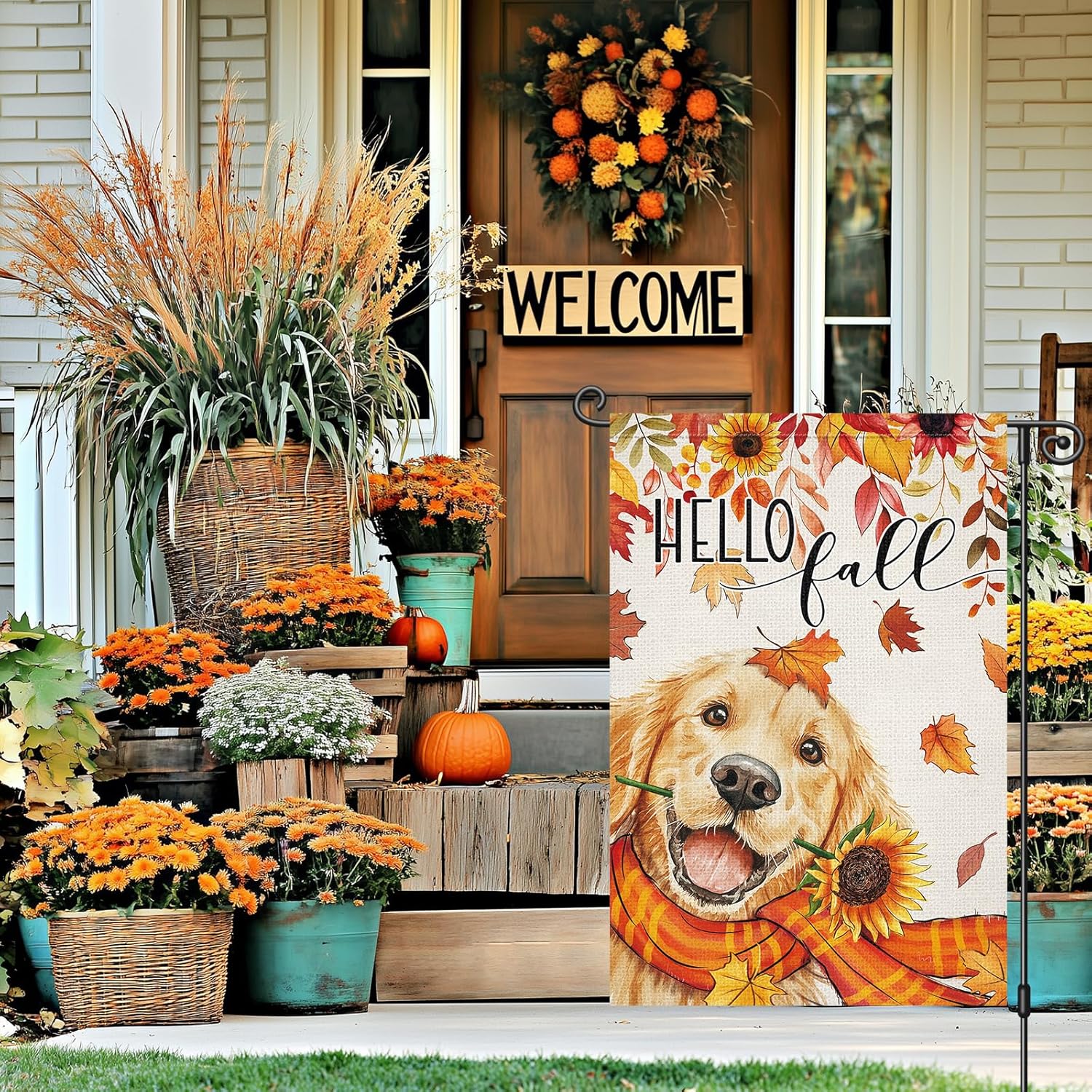 Louise Maelys Hello Fall Garden Flag Golden Retriever Dog Maple Sunflower 12x18 Inch Double Sided Seasonal Autumn Floral Welcome Small Burlap Yard Sign Outside Outdoor House Decoration - Image 3