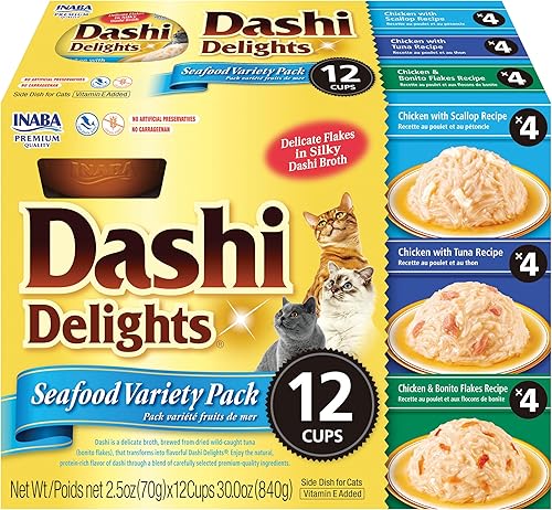 INABA Dashi Delights - Alimento húmedo para gatos, paquete de 12 con tazas de 2.5 onzas (pollo, mariscos, atún) con vitamina E y extracto de té