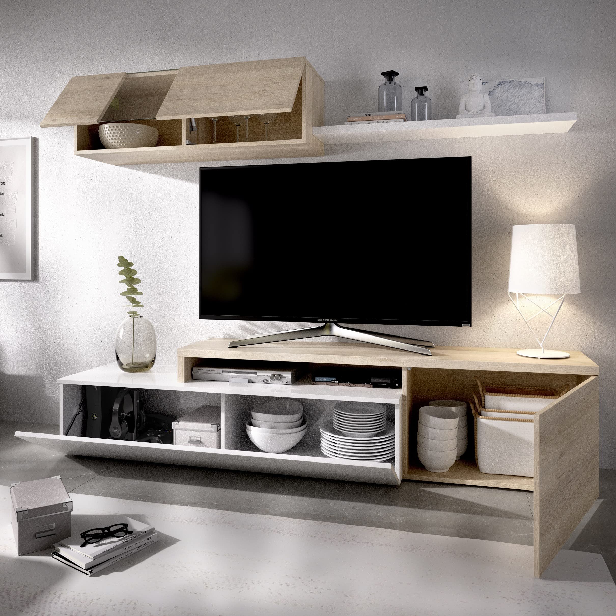 Parete attrezzata porta Tv 201 cm Marylin Bianco lucido e Rovere Naturale - Bianco e Naturale