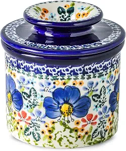 French Butter Crock with Lid - Handpainted Floral Ceramic Butter Keeper, Airtight Countertop Butter Container, Farmhouse Style