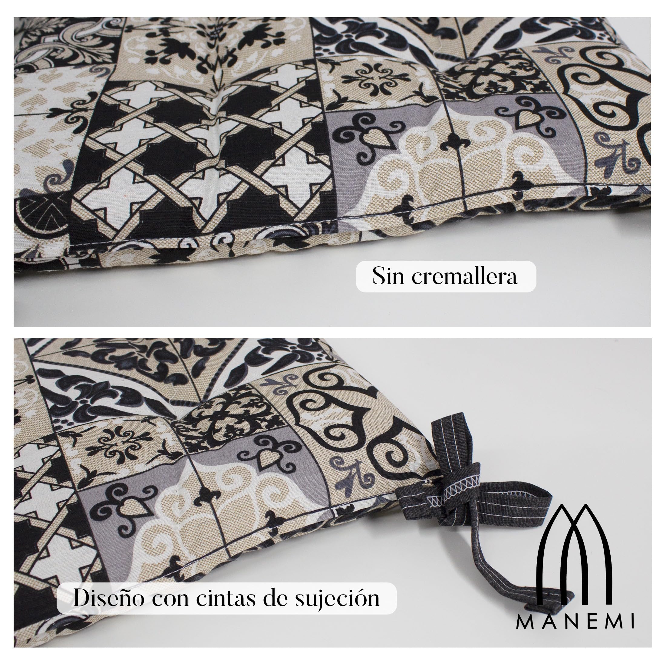 MANEMI Cojín de Silla 40x40x4 cm con Lazos, Mezcla de algodón y poliéster, Relleno de Espuma Suave, diseño con 4 Puntos de Costura, Lavable a máquina, Ideal para Cocina, Comedor o jardín