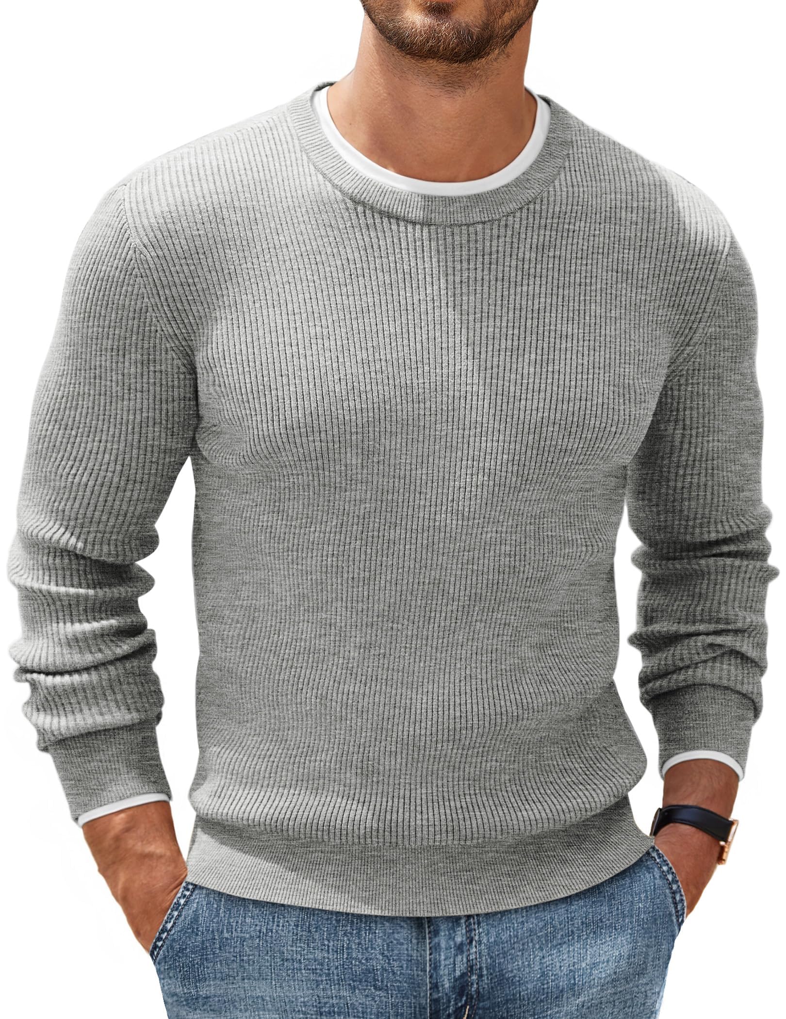 COOFANDY Herren Rundhals Pullover Basic Strickpullover Feinstrick Business Pullover Männer Ribbed Sweater Pulli Winterpullover