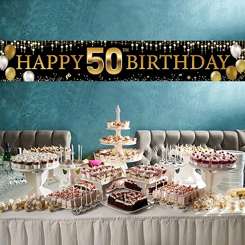 Miniatura 4 de Cartel de decoración de 50 cumpleaños para patio, decoración de feliz cumpleaños número 50 negro y dorado para hombres y mujeres, telón de fondo de