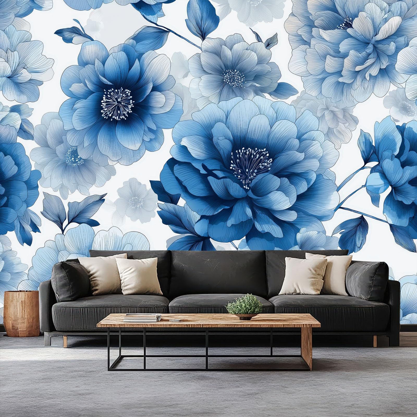 Panoramiczna tapeta niebieskie rośliny kwiaty liście, francuska tapeta mural - plakat obrazy 250 x 175 cm do salonu sypialni dekoracja domu