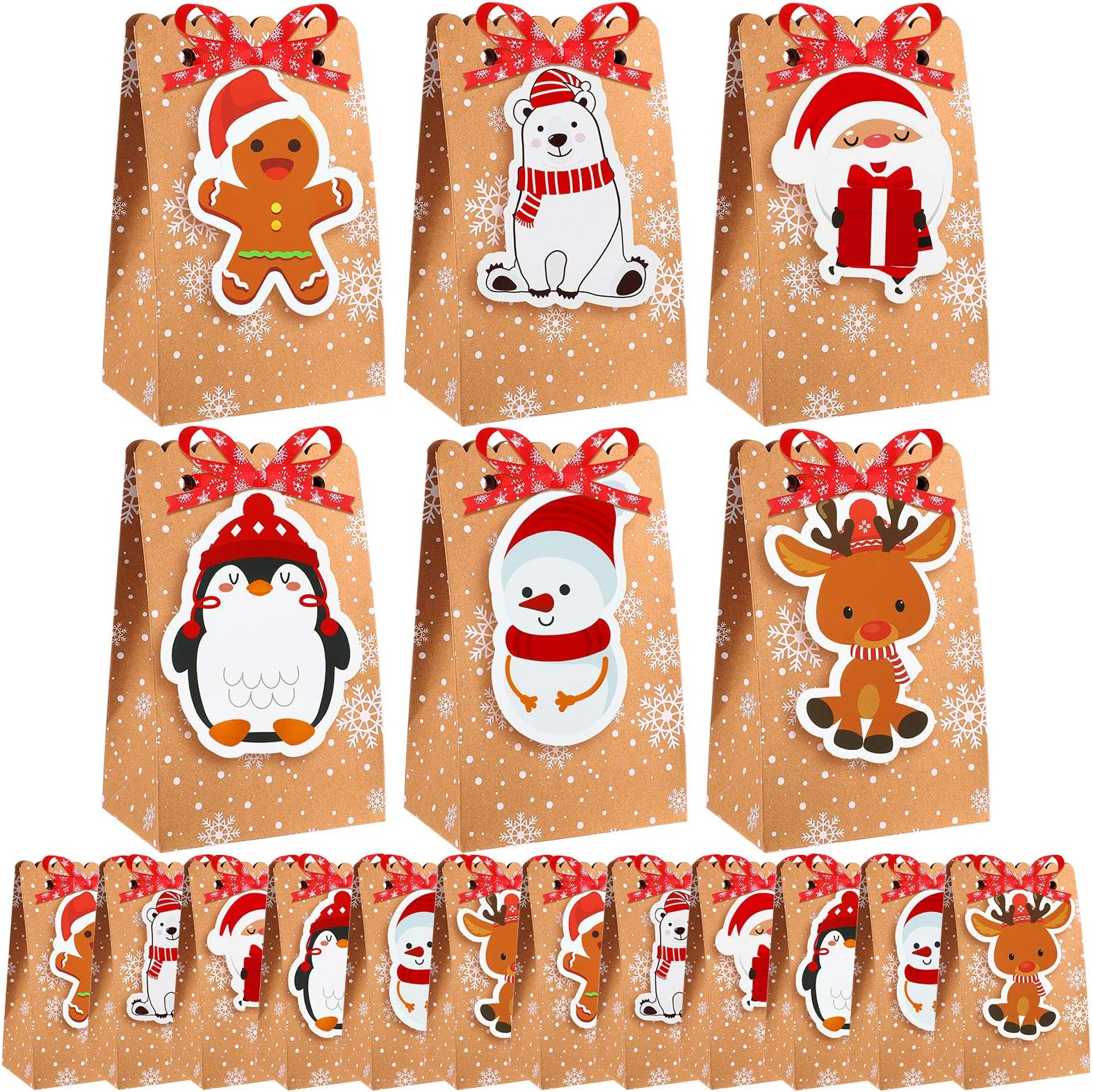 ELCOHO 24 Pack Christmas Candy Paper Gift Boxes Christmas Goodies Bags Assortment Party Treat Bags with Tags Snowflake Ribbons for Parties Supplies