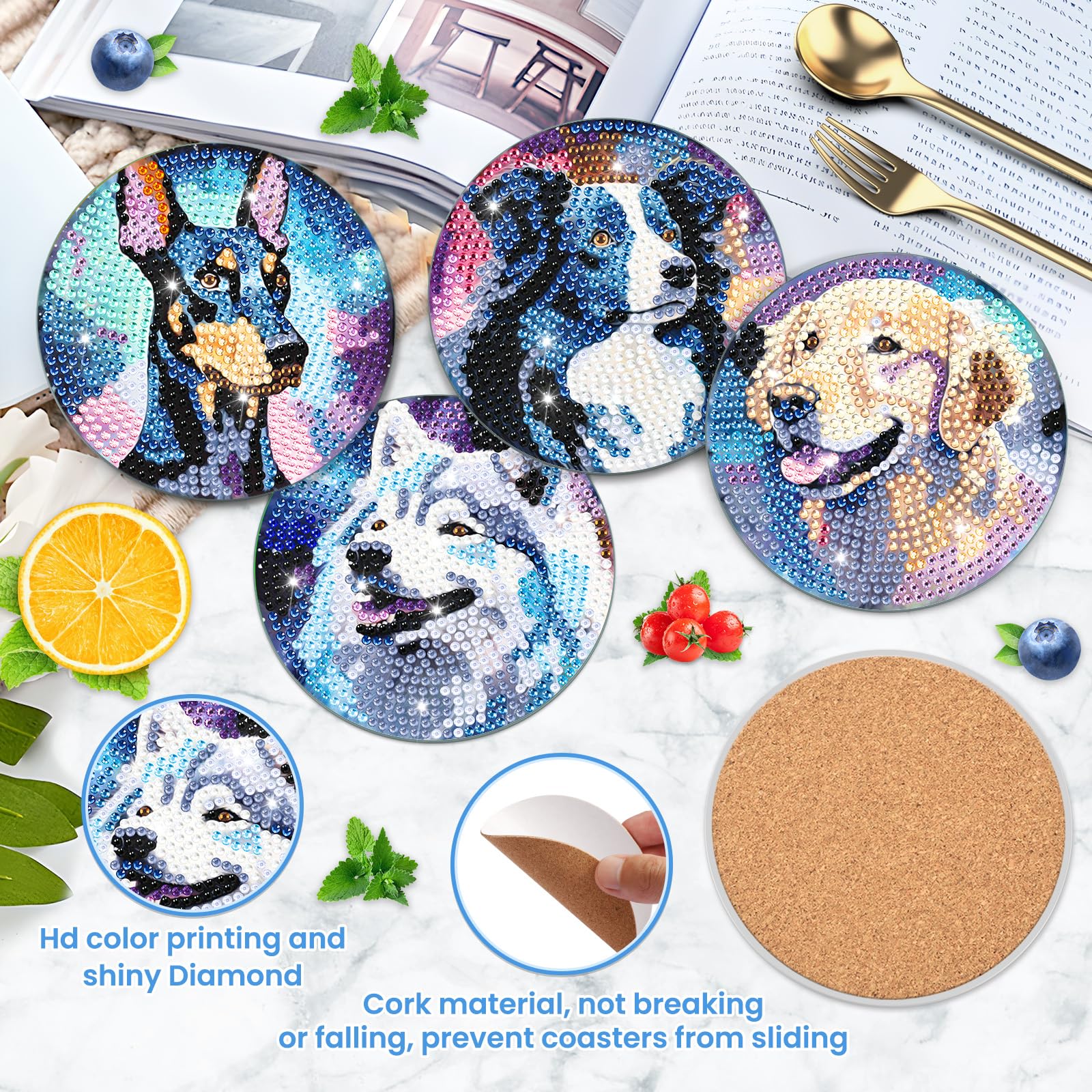 Perro Diamond Painting Posavasos 5D Animales Kit Diamond Art Adultos Soporte Corcho Bebidas Café Té Bar