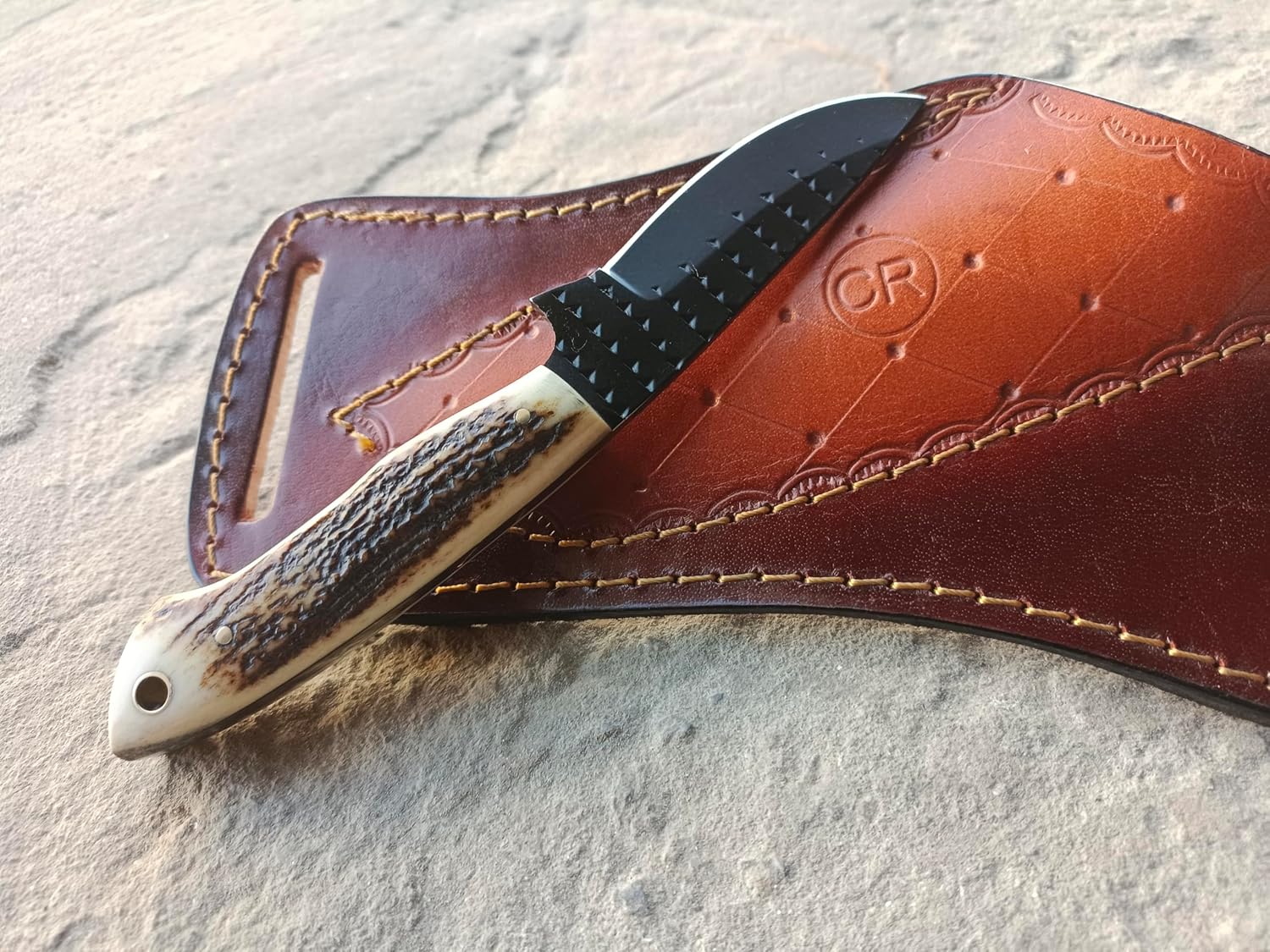 CR 7" Handmade Fixed Blade Cowboy Skinner/Hunting knife with Leather Sheath, Polished Farrier Rasp Steel Razor Sharp Blade and Stag Handle for Hunting, Bushcrafting, Camping and Hiking, Fighting, Fishing, Defending, Sports outdoors,Kitchen.