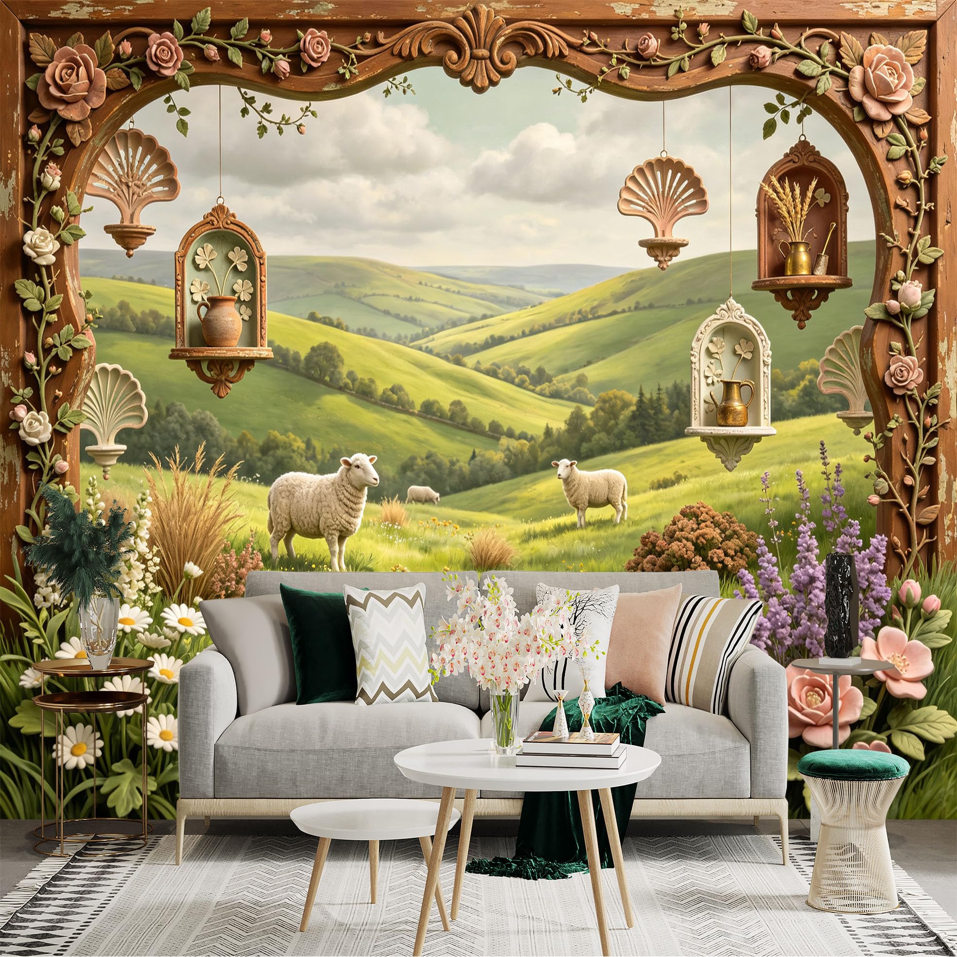 Lnzczhyre Bh260719704 Custom Size Wall Sticker Mural， Pastoral Scenery With Sheep， Rolling Green Hills， Floral Decorative Frame， Spring Meadow， For Wall Decoration， Peelandstick Wall Decals.